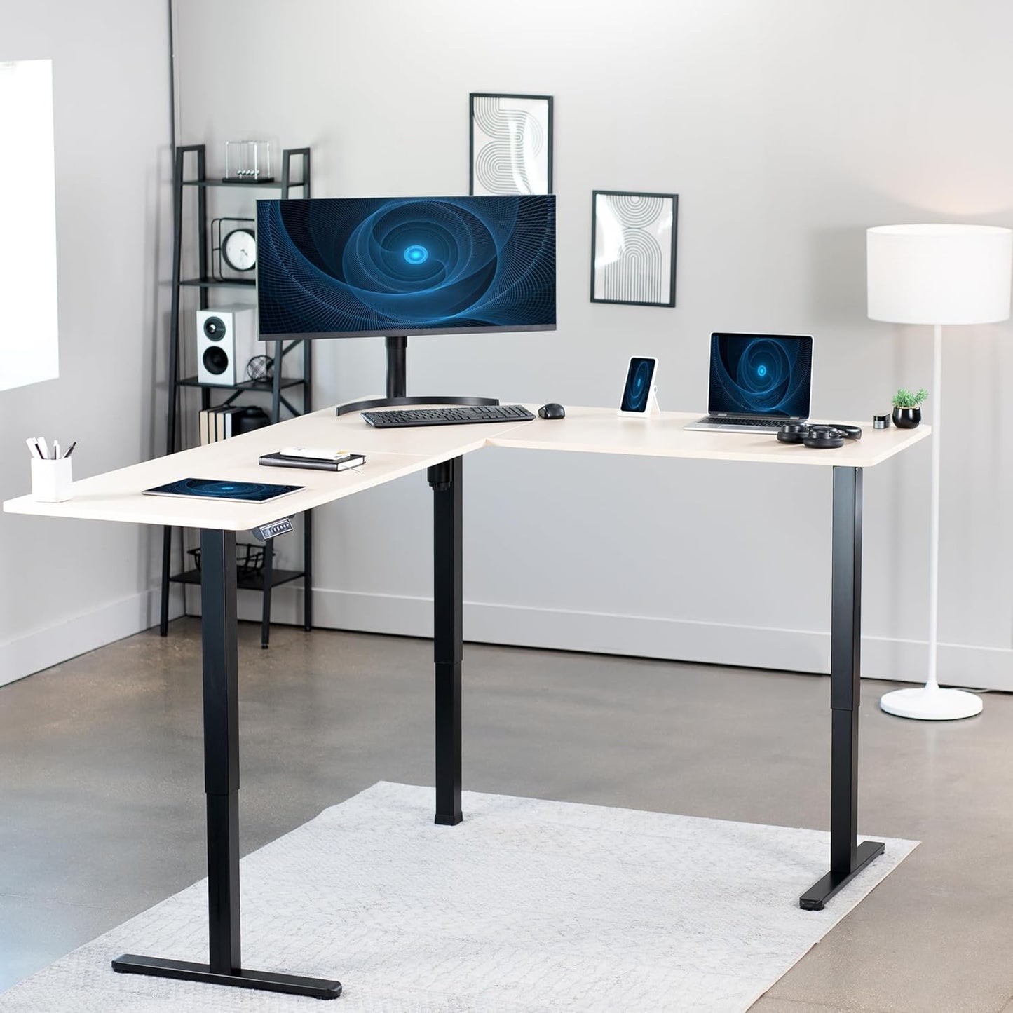 VIVO Electric Corner L-Shaped 75 x 63 in Standing Desk, Memory Height Adjustment, Light Wood Top Black Frame, DESK-E3CTBC-75