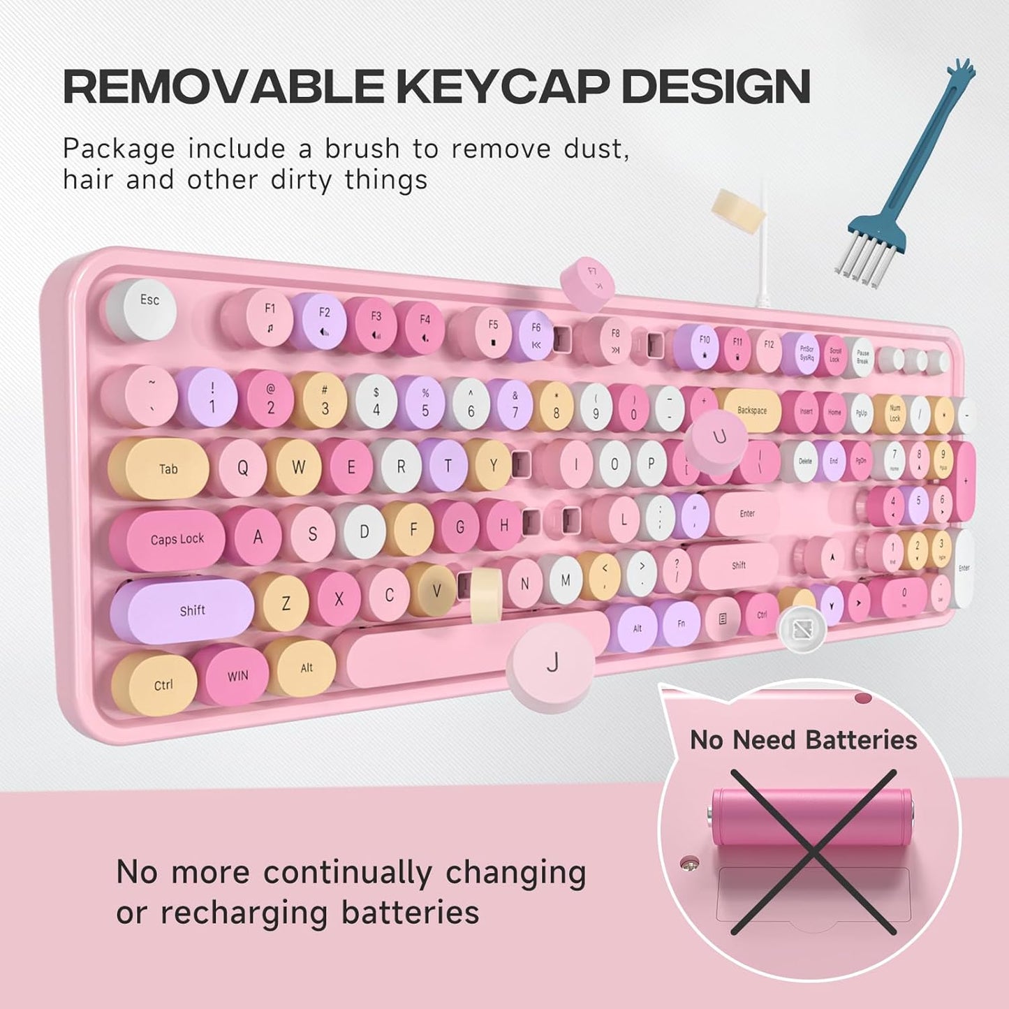Wired Keyboard, 104 Keys Full-Sized Typewriter Keyboards, USB Plug and Play Office Keyboard with Number Pad, Caps Indicators, Foldable Stands for Windows, PC, Laptop (Pink Colorful)