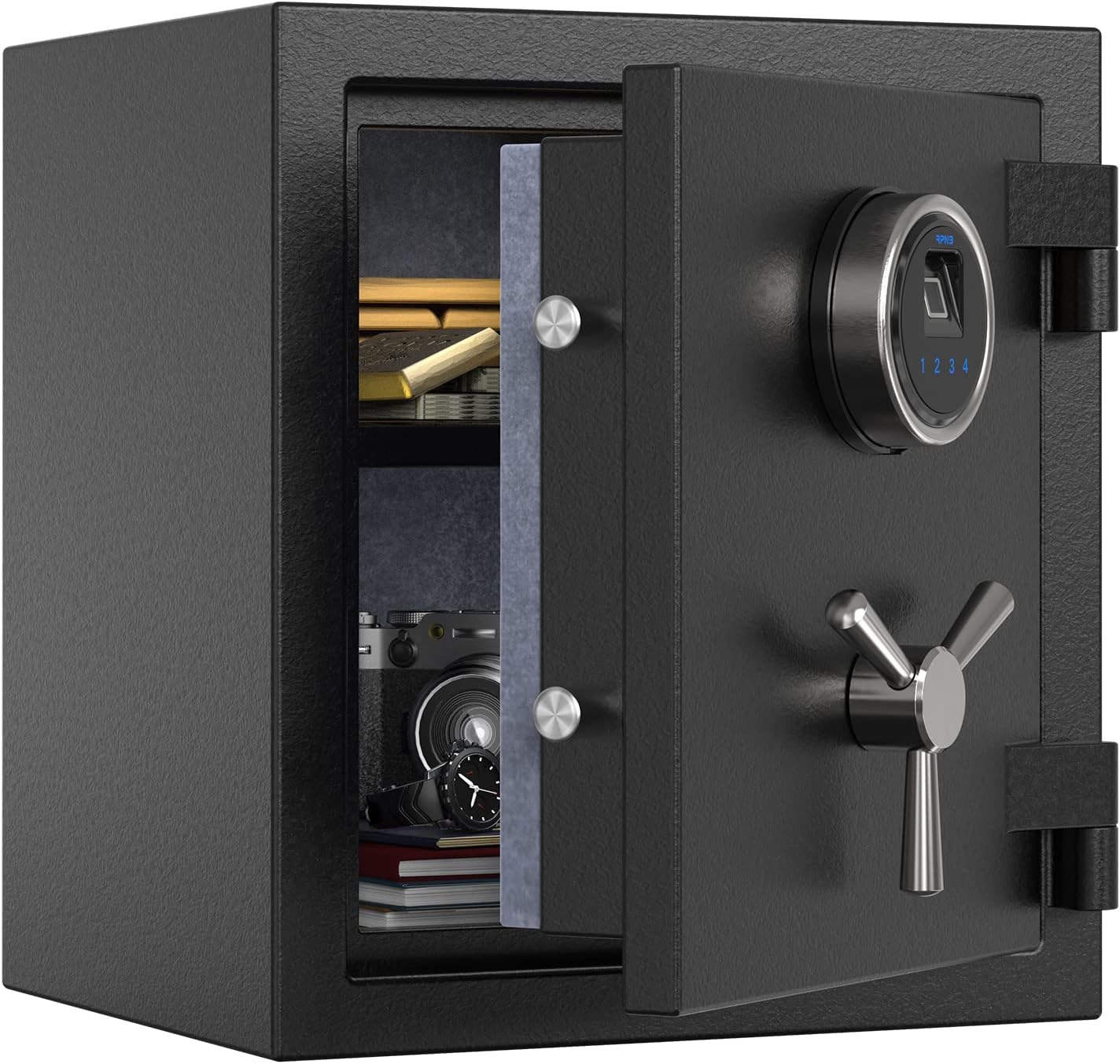 RPNB Deluxe Biometric Fireproof Safe Box,Digital Fingerprint Fireproof Waterproof Safe with Touch Screen,Removable Shelf and 3 Spoke Handle,Home Safes for Cash Documents Jewelry,0.84 Cubic Feet