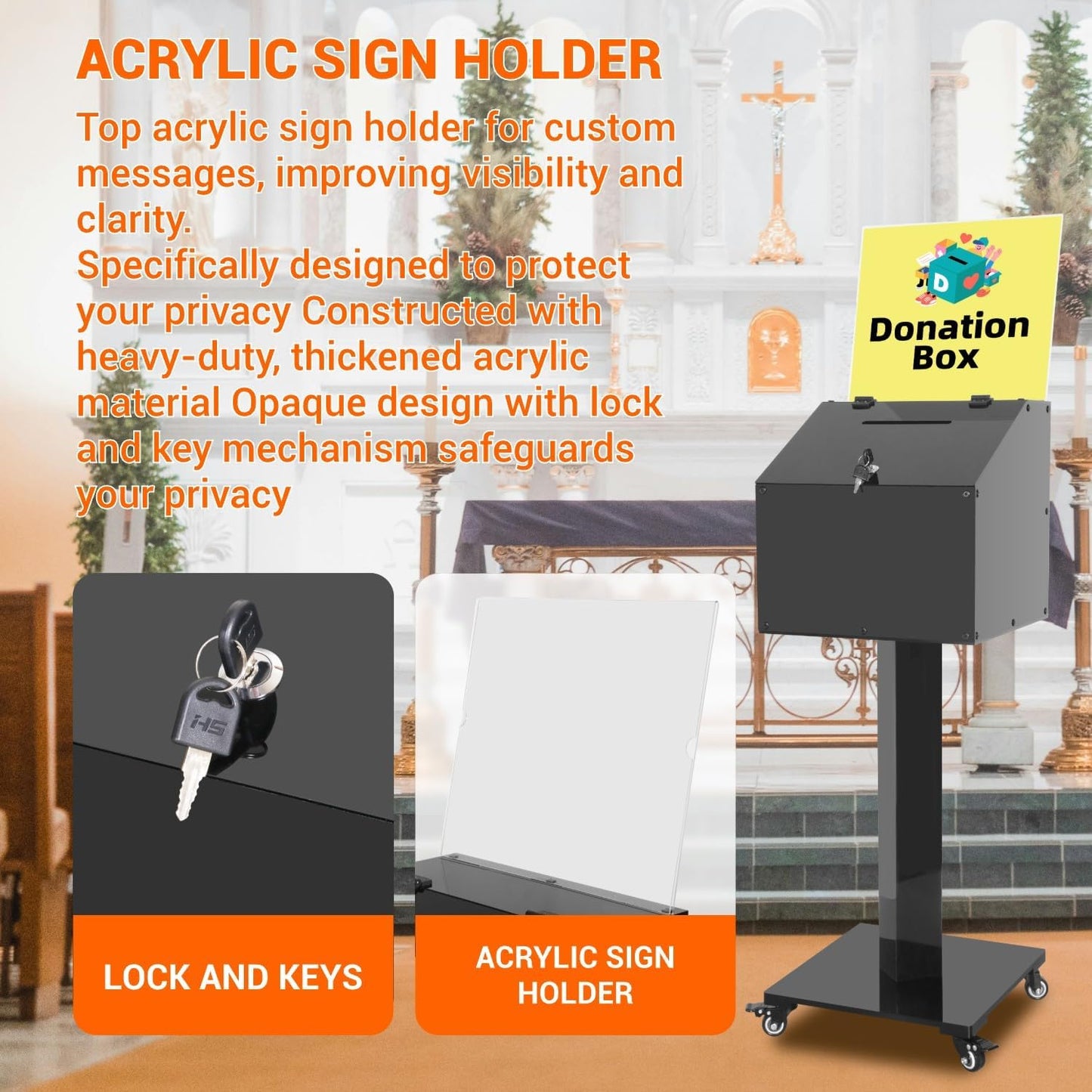 Acrylic Donation Box with Stand, Large Suggestion Box for Church, Drawing Raffle with Key and Lock, Secure Collection Box for Fundraising, Offering, Ballots, Feedback, Black