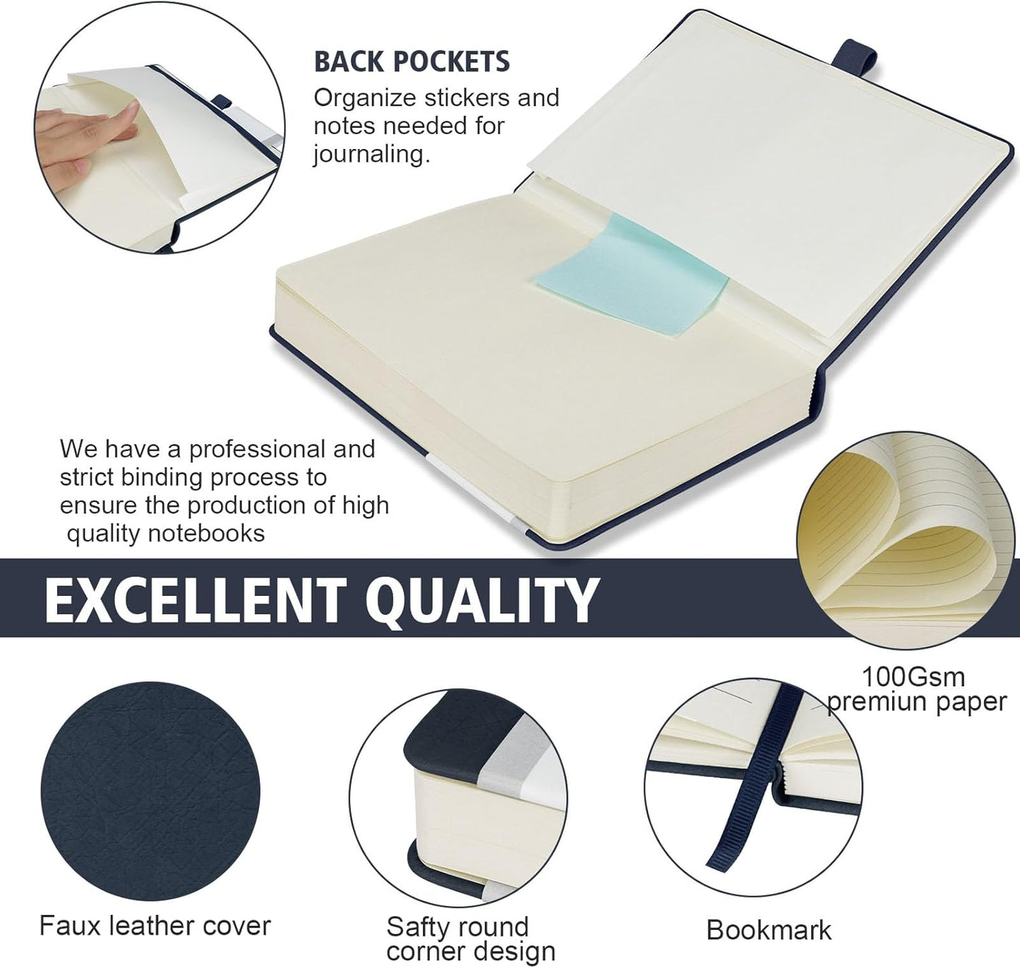 Lined Journal Notebook, 360 Numbered Pages(With page number), Thick Journal for Writing A5 College Ruled Notebook, 100gsm Lined Paper, Leather Hardcover, 5.75'' X 8.38''-Denim Blue