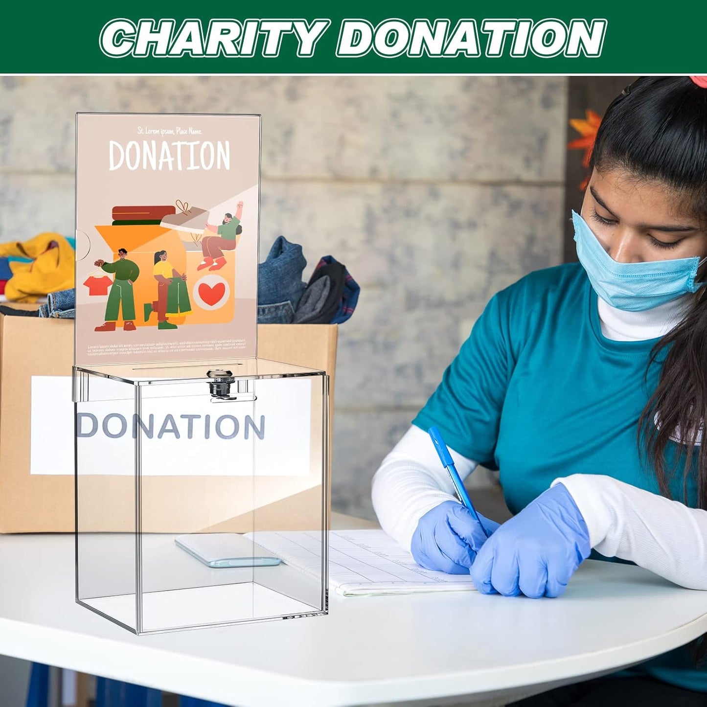 Teling Tall Acrylic Donation Box with Lock and Sign Plate Safe Suggestion Box with 100pcs Raffle Tickets Cards for Raffle, Money, Voting, Charity, Suggestion (Transparent, 6.7 x 5 x 8 Inch)