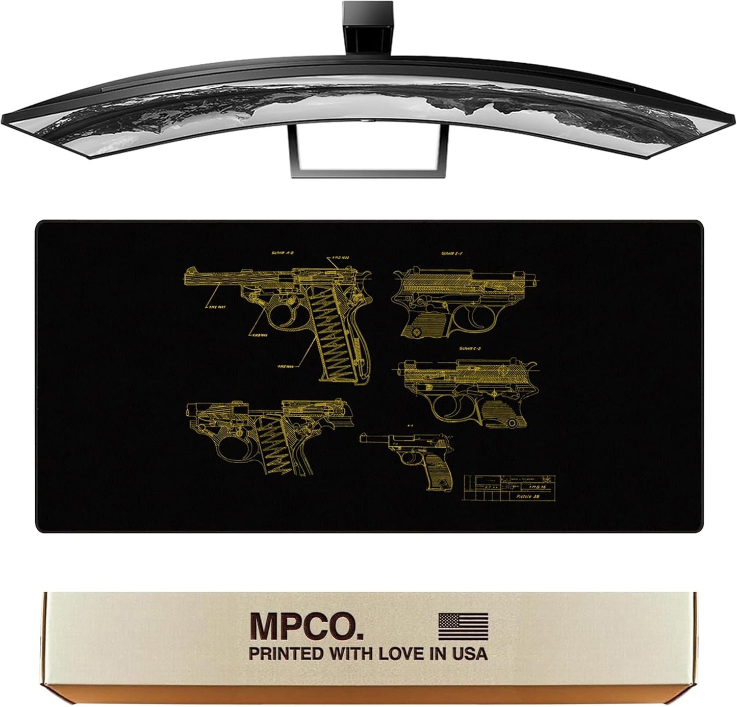 MPCO. Blueprints Large Gaming Desk Pad - 36" x 17" Aeroglyde Fabric Pistol 38 – Black/Yellow Desk Mats - Non-Slip, Washable, Smooth Glide for Precision Gaming & Work