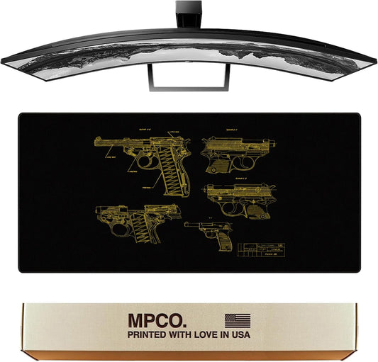 MPCO. Blueprints Large Gaming Desk Pad - 36" x 17" Duraglyde Fabric Pistol 38 – Black/Yellow Desk Mats - Non-Slip, Washable, Smooth Glide for Precision Gaming & Work