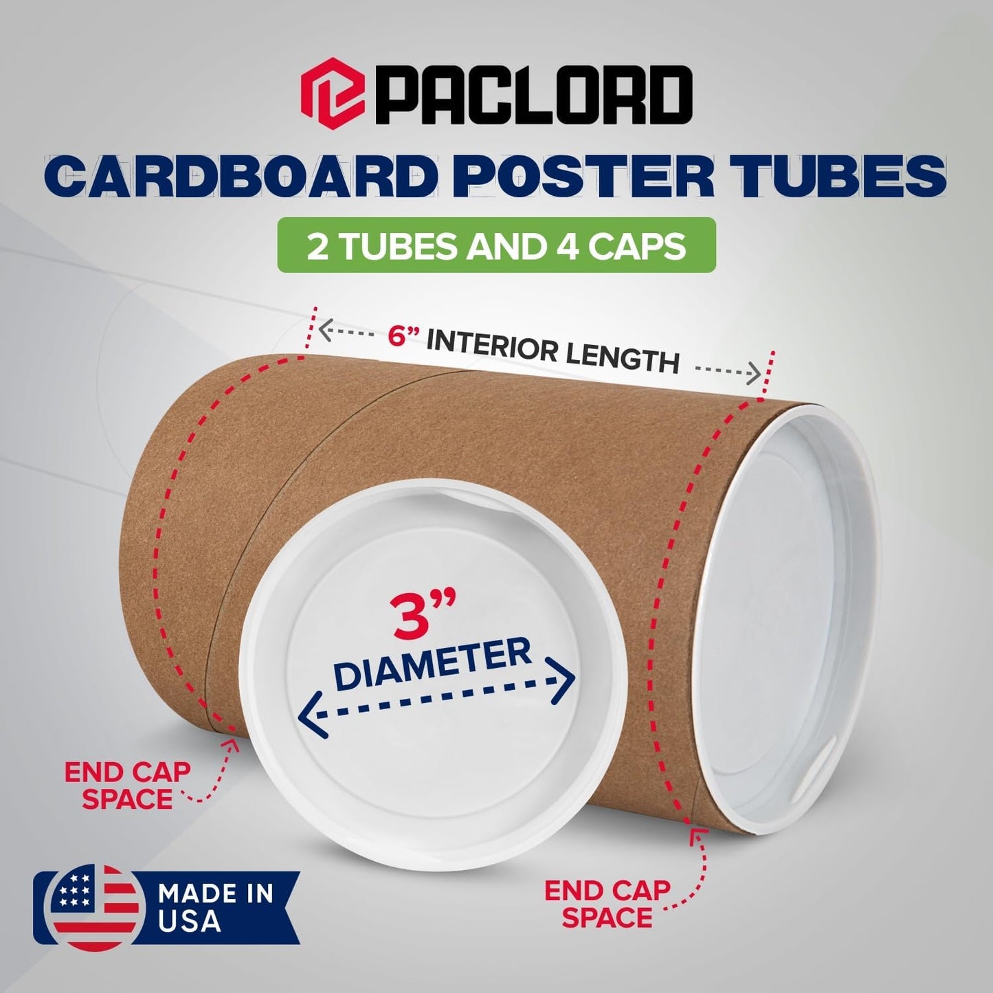 3" x 6" Reinforced Kraft Paper Mailing Tubes, Pack of 2 Tubes with 2 Caps Each – USPS Approved Poster Tube – Made in USA Cardboard Tube for Shipping and Storing Posters, Prints, Artwork, or Documents