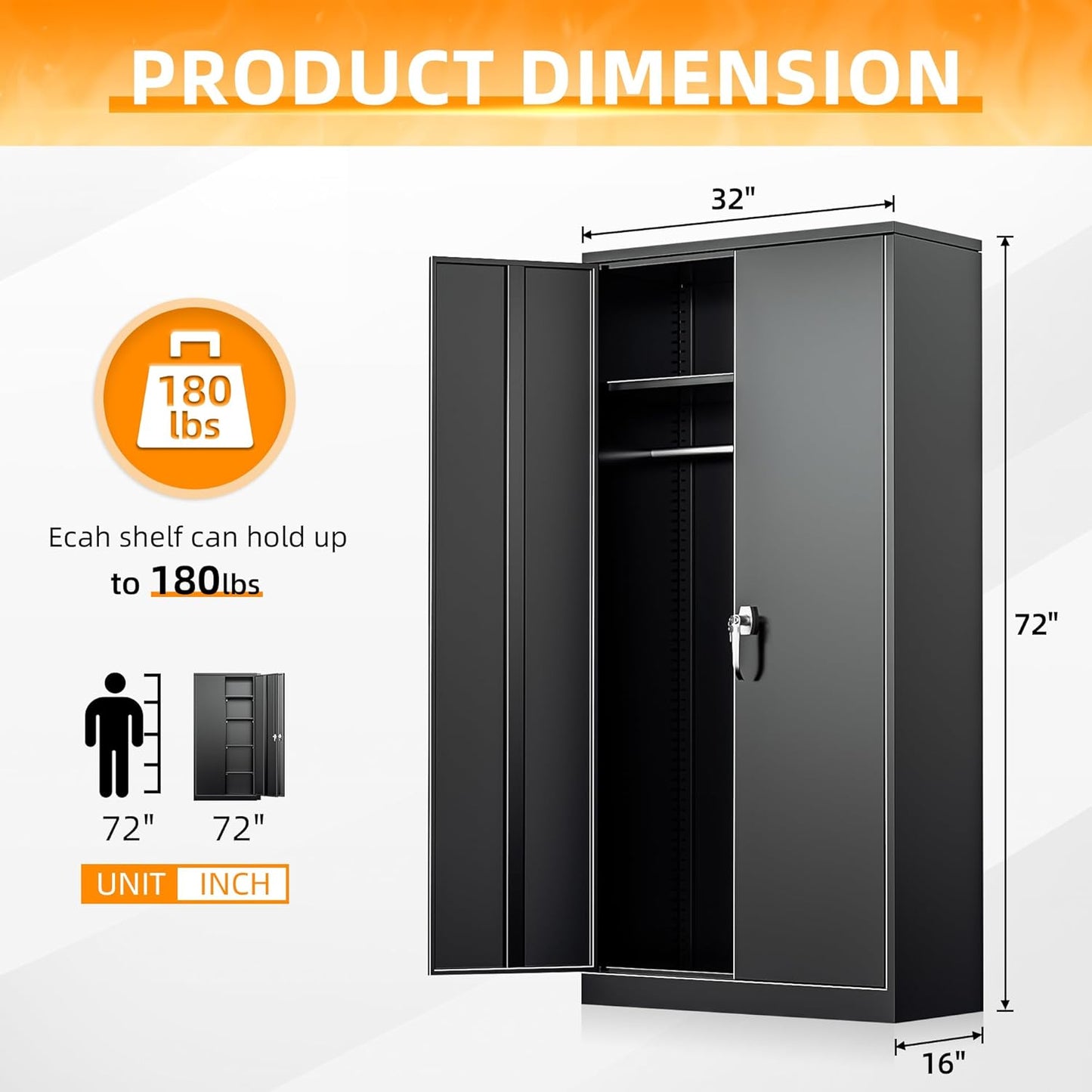 INTERGREAT Metal Storage Cabinet with Lock,Storage Wardrobe Cabinets with 4 Adjustable Shelves and Hanging Rod,Black Wardrobe Cabinet with Lockable Doors for Home Office,Warehouse,Garage