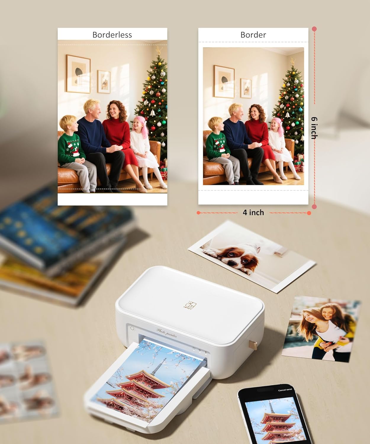 CP4100 4x6 Photo Printer with 108 Sheets & 2 Ribbons, Full-Color Thermal Dye Sublimation Wi-Fi Printing, Portable Instant Picture Printer for iPhone/Android, AR Video, Fun App, Home Use, White