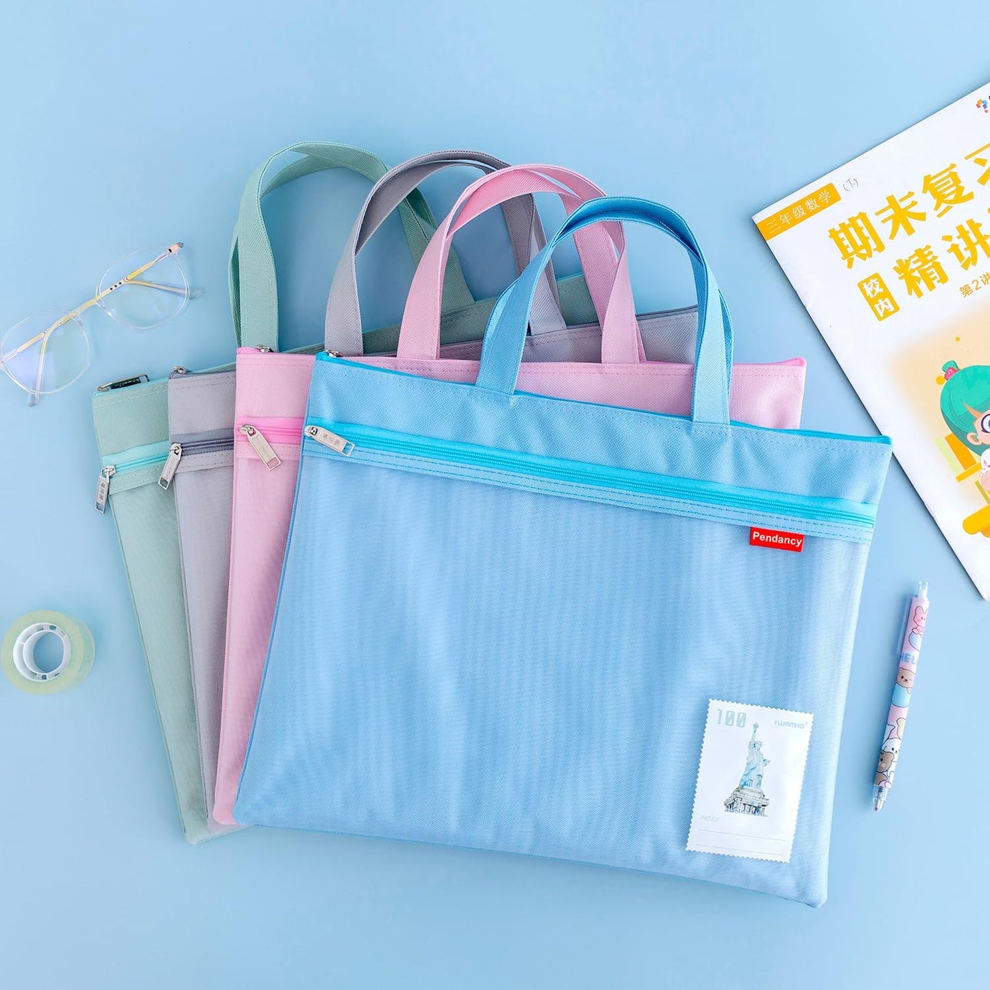 Pendancy Mesh Zipper Pouch 11x13.7 in, Large Double Pocket Waterproof File Bag with Handle, A4 Size Foldable Document Storage for Puzzle Project/Cross Stitch/Travel/Office（Green）