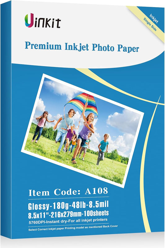Uinkit 100 Sheets Inkjet Photo Paper Glossy 8.5x11 48lb 180Gsm Professional Photographic Paper Letter Size 8.5Mil Instant Dry Suitable for All Ink Printers