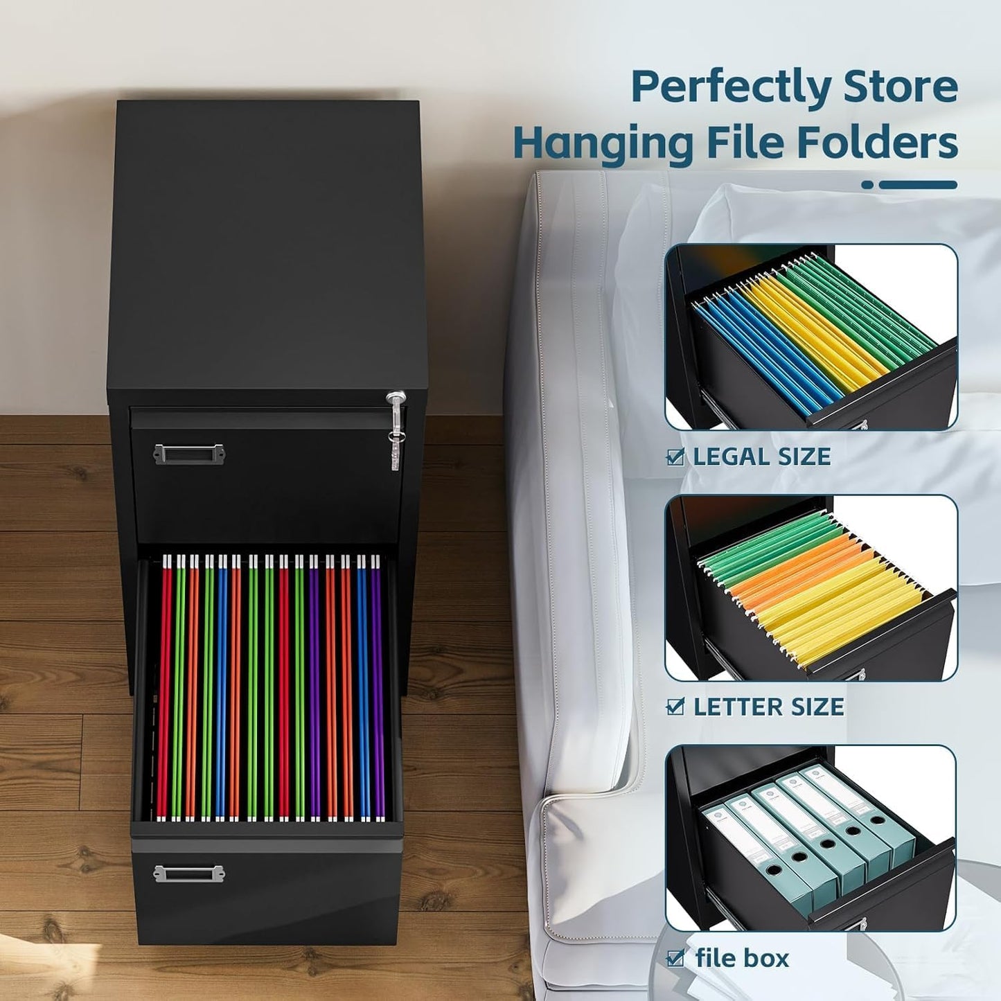 MIIIKO 2 Drawer Filing Cabinet with Lock, Metal Vertical File Cabinets for Home Office, Lockable File Storage Cabinets Under Desk, Letter/A4 File Folders Storage(Assembly Required)