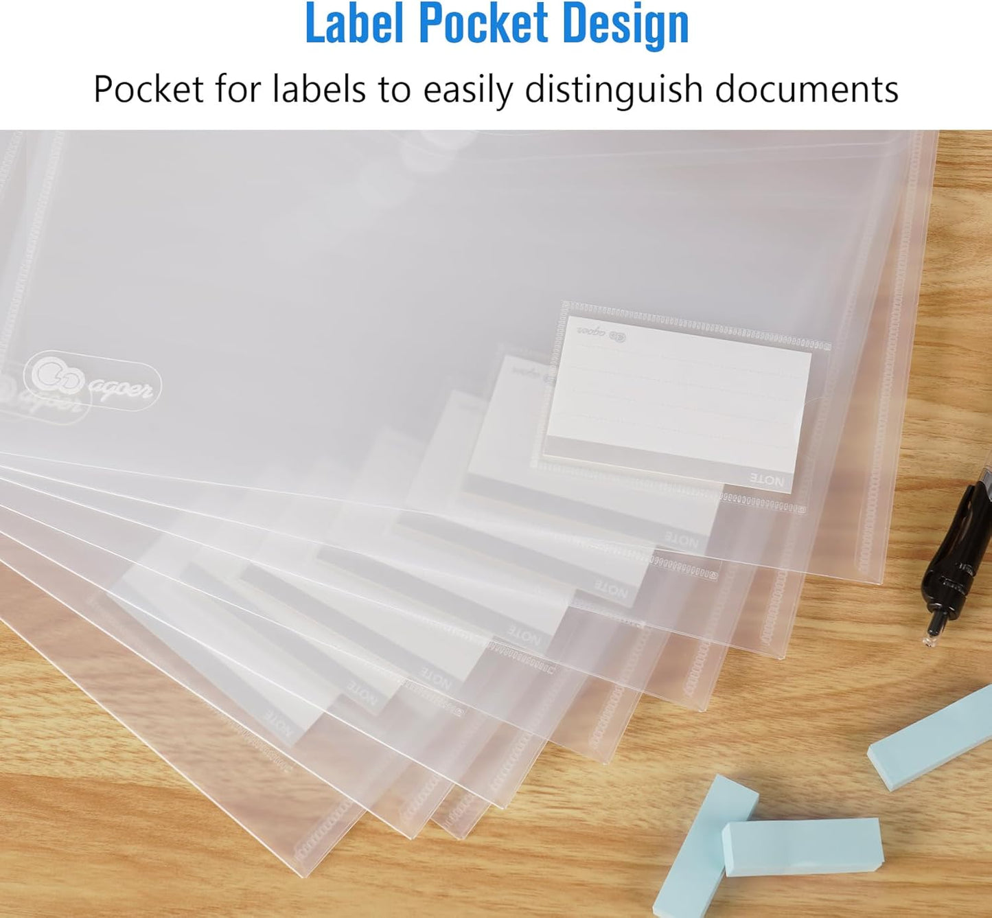 25 Pack Transparent Plastic Envelopes File Folders, A4 Letter Size, Clear Document Folder, Poly Envelopes with Label Pockets, Hook & Loop Closure for School Home Work Office Organizer
