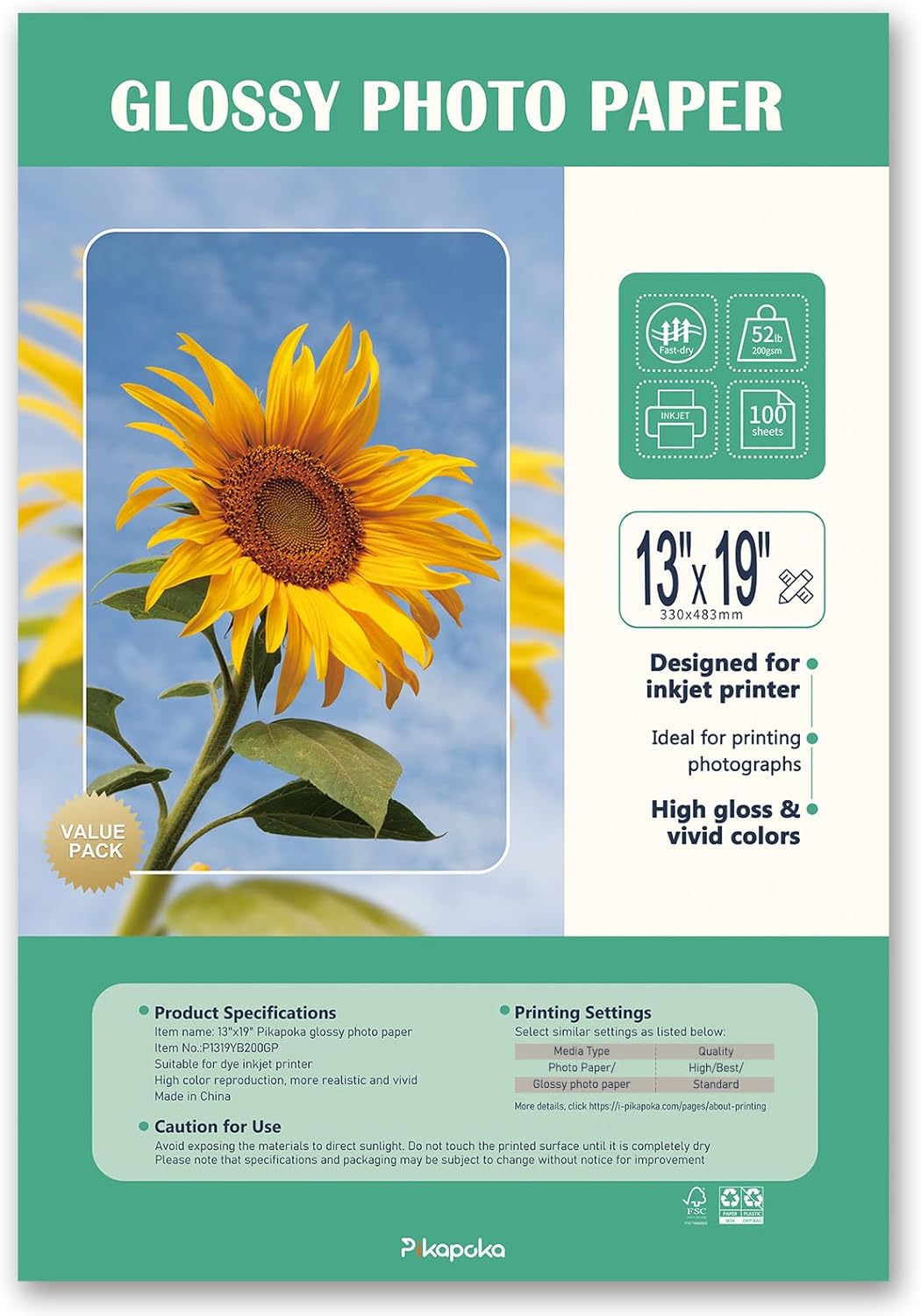 13x19 Glossy Photo Paper for Inkjet Printer, A3+ Big Photo Paper, Super B Size Full Sheet, 100 Pack, 200gsm/52lb,