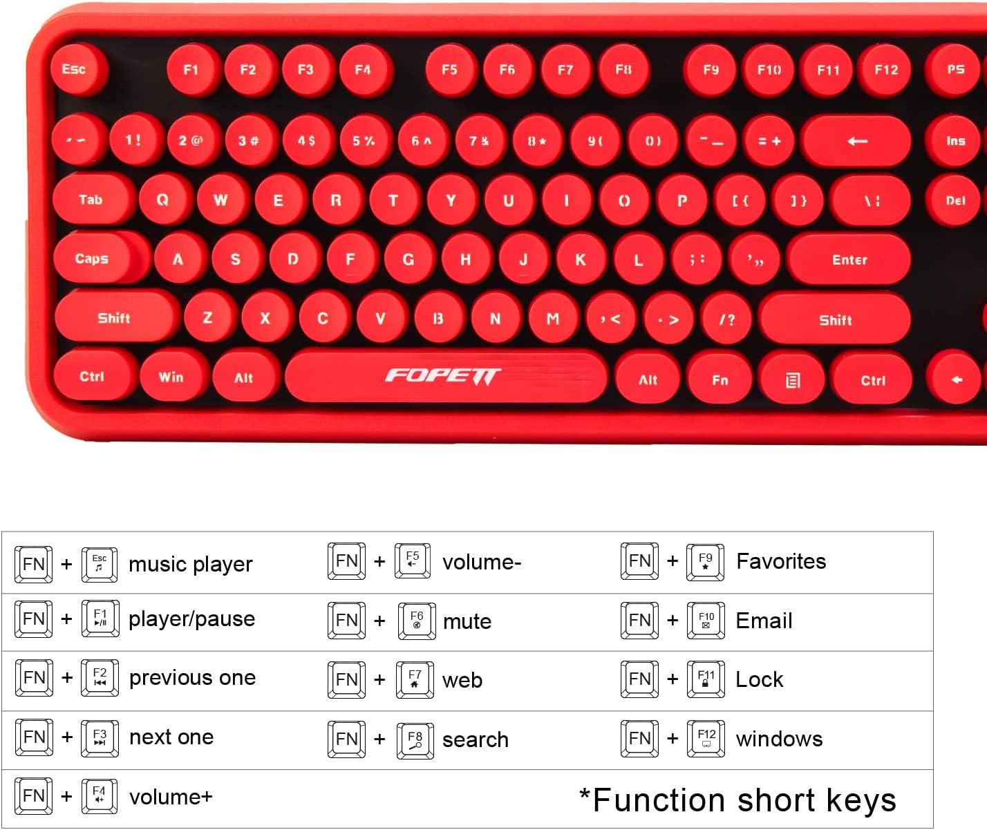 FOPETT Wireless Keyboard and Mouse Combo, 104 Keys Full-Sized 2.4 GHz Round Keycap Colorful Keyboards, USB Receiver Plug and Play, for Windows, Mac, PC, Laptop, Desktop (Black Red)