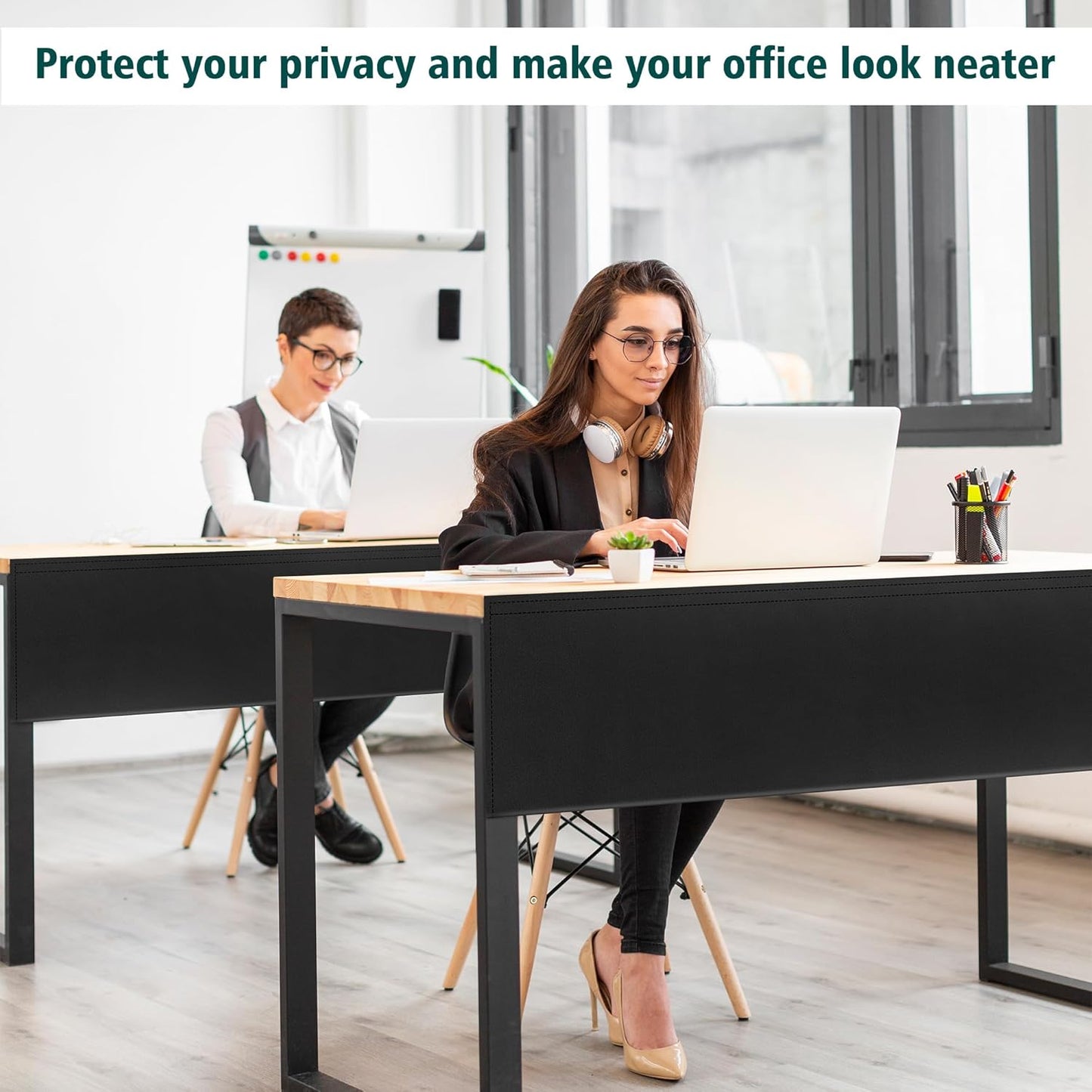 59" Under Desk Privacy Panel with Cable Management Organizer Sleeve Self-Adhesive Modesty Panel for Cord Organizer Pockets and Desk Skirt for Home Office or Standing Workstation