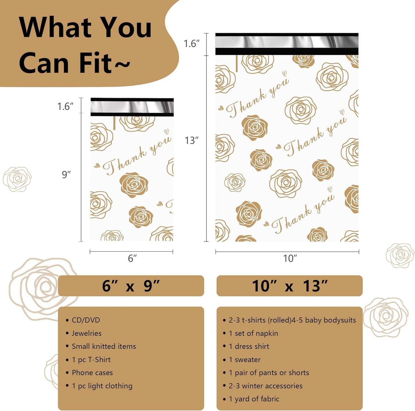 Thank You Poly Mailers 6x9 Inch 100 Pcs - Gold Rose Printed Shipping Bags for Clothing - Waterproof and Tear Resistant Mailing Envelopes - Self-Sealing Packaging Bags for Small Business