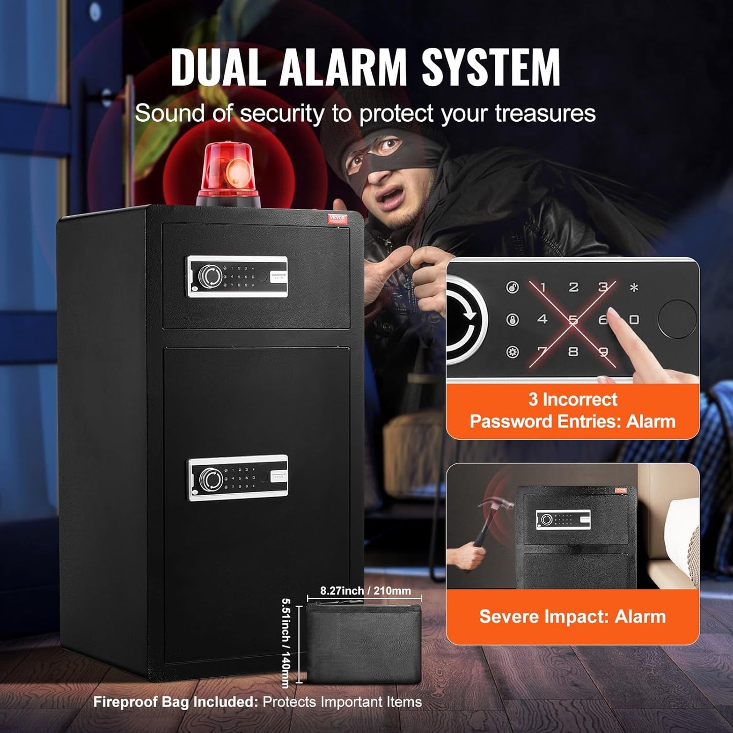 VEVOR Double Doors 7.2 cu.ft Safe Box with Key Lock & Password, Safe Lock Box with Fireproof Bag, Key Rack, LED Light and 2 Height Adjustable and Removable Divider for Money, Documents, Black