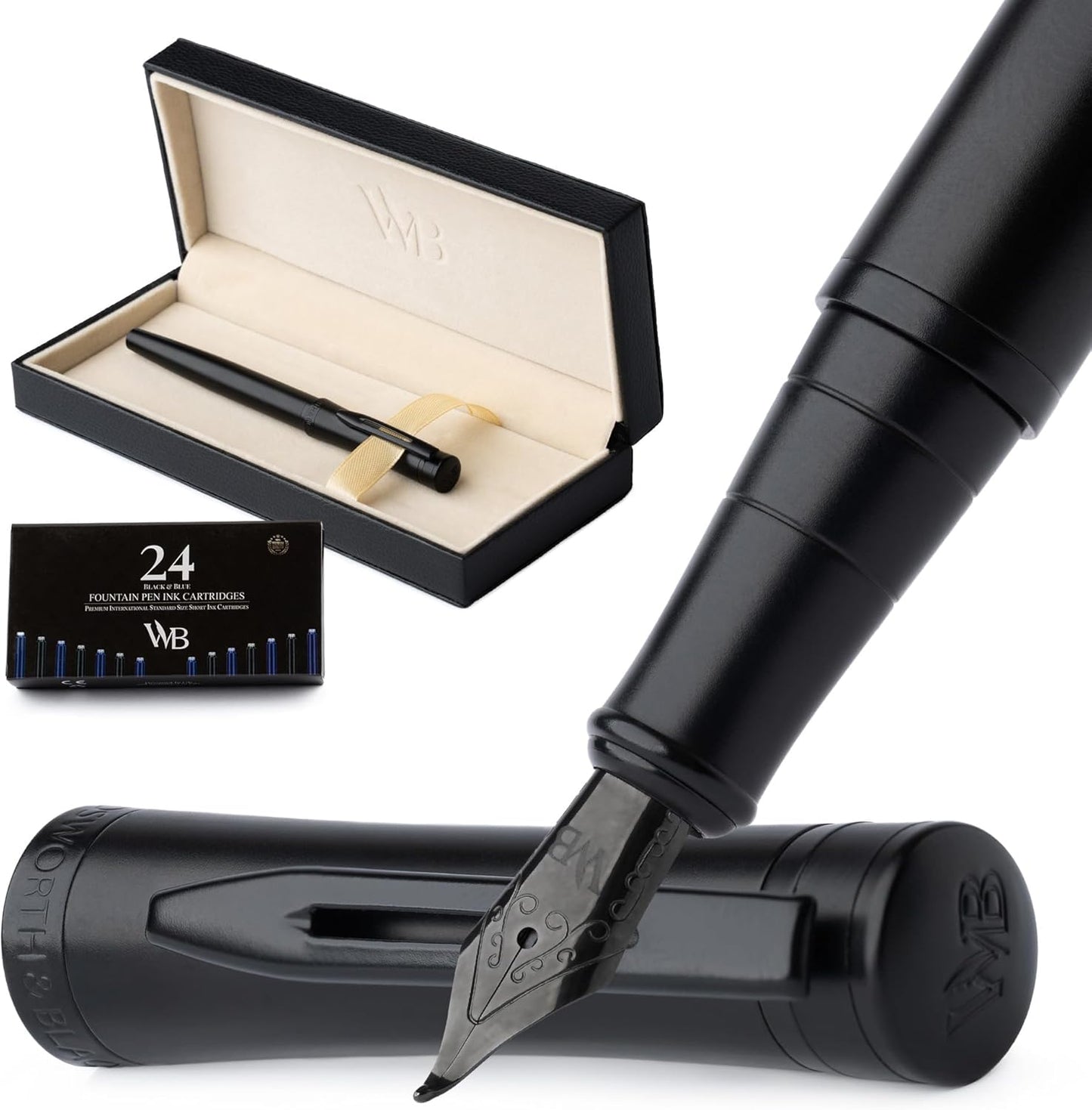 Wordsworth & Black Fountain Pen Set, Bent Nib, Includes 24 Pack Ink Cartridges, Ink Refill Converter & Gift Box, Calligraphy, [All Black], Perfect for Men & Women
