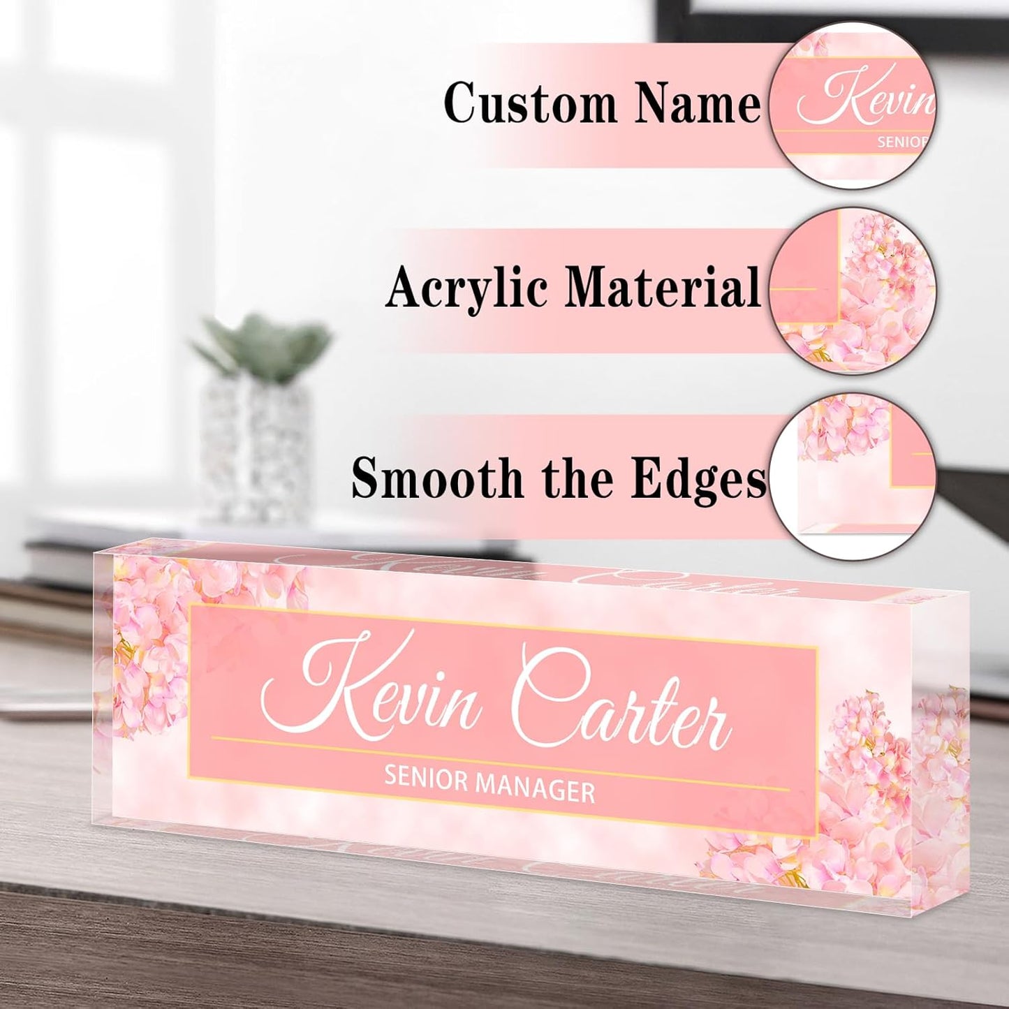 Name Plate for Desk Personalized, Acrylic Desk Decorations, Employee Appreciation Gifts, Custom Office Gifts for Coworkers, Boss, Teacher, Nurse (Pink Hydrangeas)