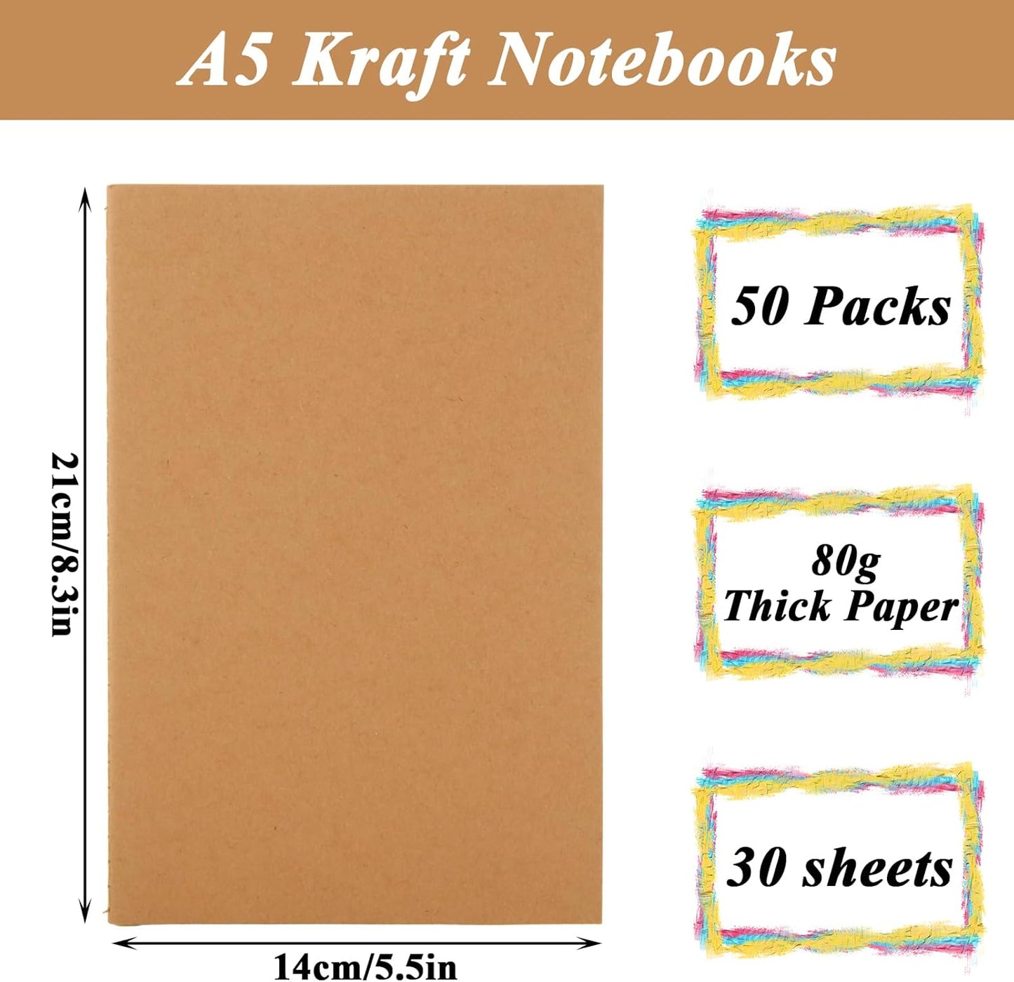 MIVIDE 50 Pack A5 Kraft Notebooks Bulk, 8.3” x 5.5” Lined Paper Journal Notebooks, 30 Sheets 60 Pages, Lined Travel Notebooks for Writing, Making Plans, School Office Supplies