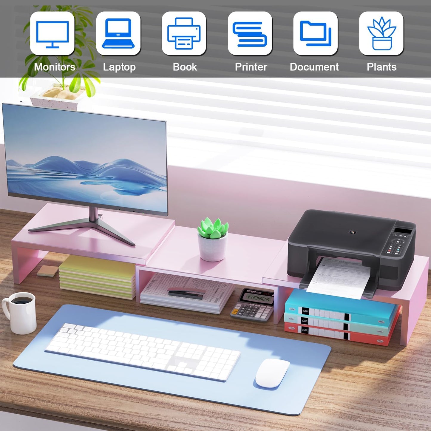 Dual Monitor Stand for Desk, Metal Monitor Riser, Pink office Supplies and Accessories (Pink)