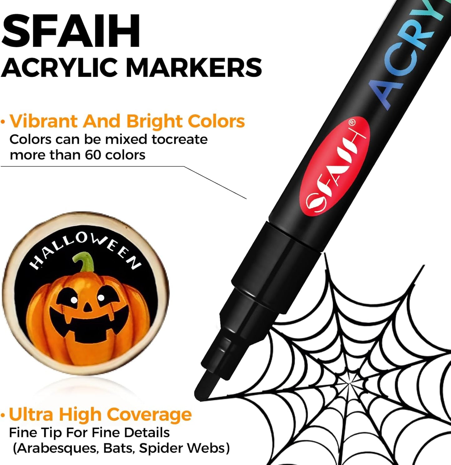 SFAIH 36 Vibrant Acrylic Paint Markers - [Ultra High Coverage]1-2mm Fine Tip Pen for Any Surface, Halloween Decorations, Pumpkin Painting, Paper Rock Fabric Wood, Non-Bleeding Permanent Ink, Non-Toxic