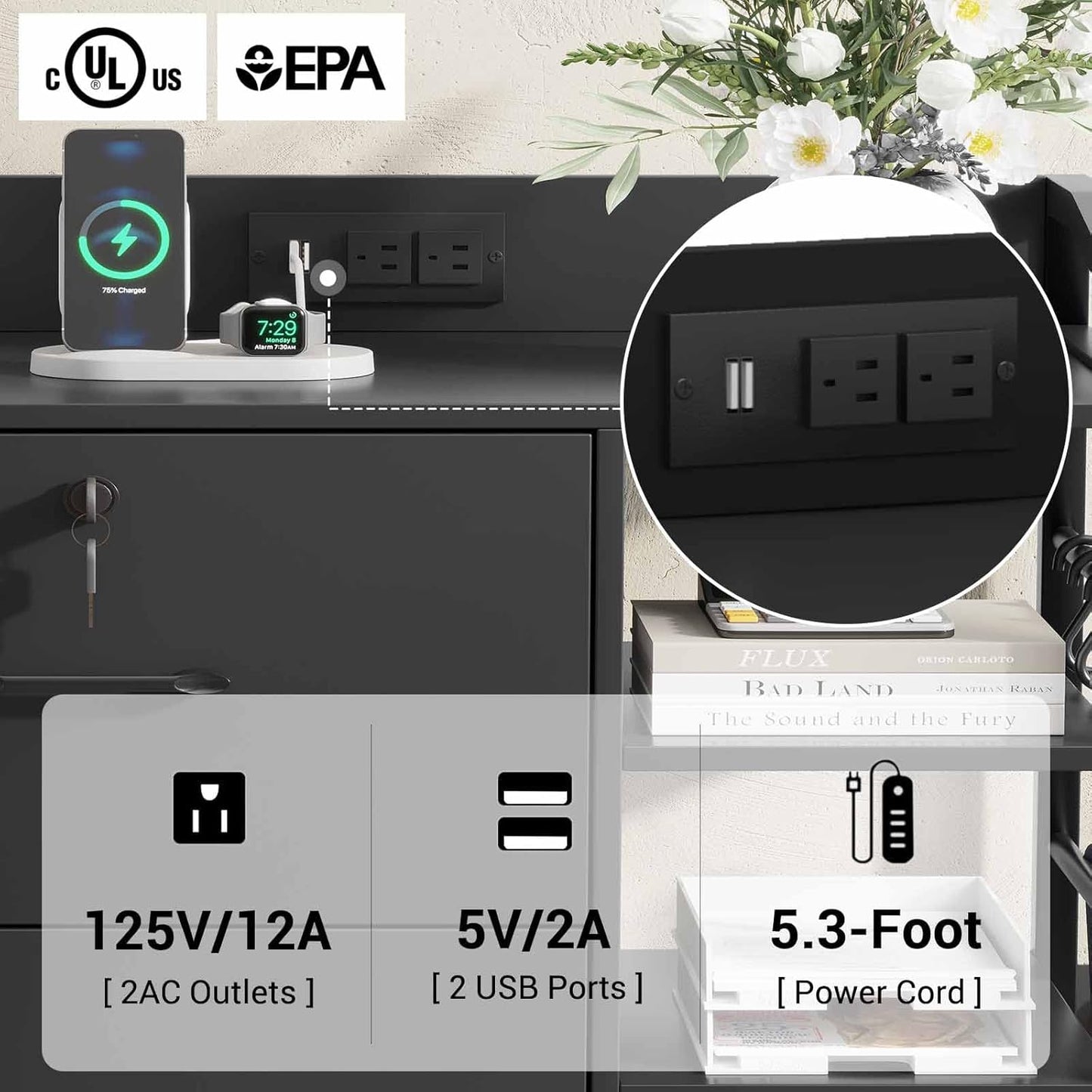 SEDETA 44" File Cabinet, Filing Cabinets fits Legal, Letter, A4 Size, 2 Drawer Office File Cabinet for Home Office with Lock, Power Strip, 6 Adjustable Shelves & 4 Hooks, Black