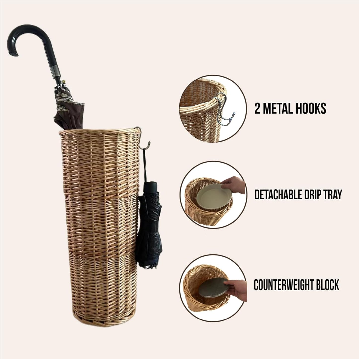 Wicker Umbrella Stand, Umbrella Holder for Entryway with Detachable Drip Tray and 2 Metal Hooks, Storage for Umbrellas & Canes, 9.4L x 9.4W x 21.2H, Home Decor.