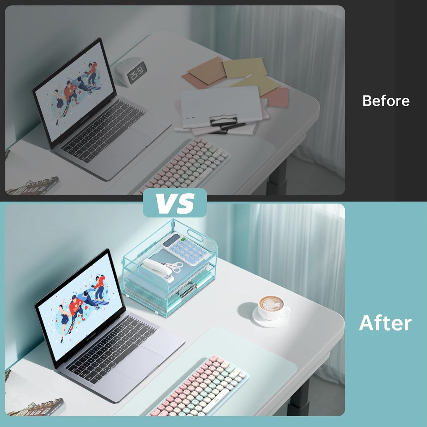 Supeasy 3 Tier Paper Organizer with Handle, Mesh Desk Organizer Letter Tray, Paper Tray File Organizer for A4 File Folder, Blue