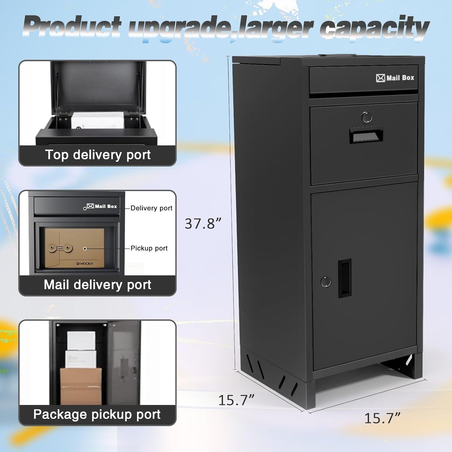 Package Delivery Boxes for Outside, Large Parcel Drop Boxes with Lock, Customize Address Stickers Package Drop Boxes for Outside is Waterproof,Package Delivery Box for Porch(Black,15.7*15.7*37.8 in)