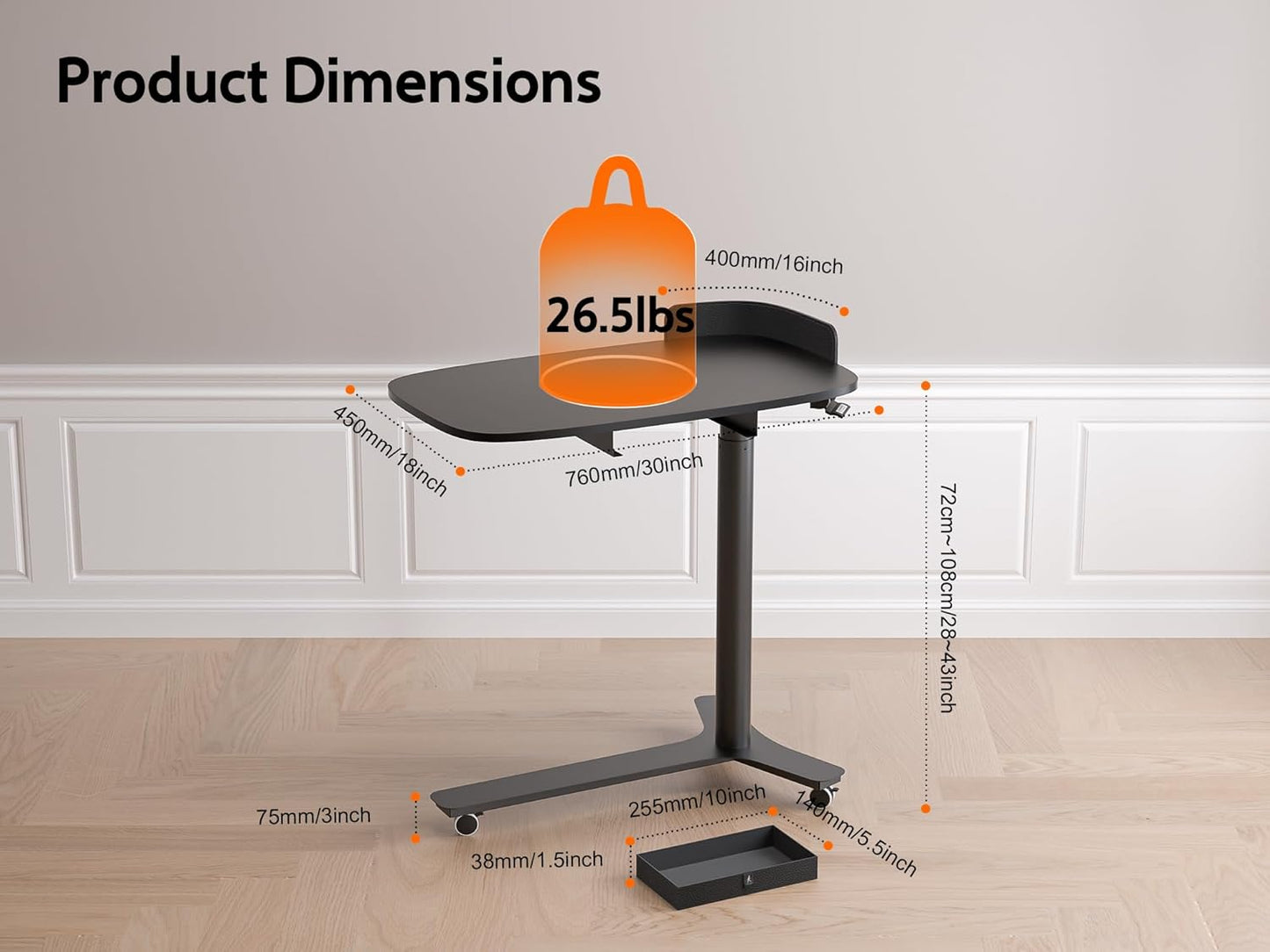 Rolling Adjustable Height Desk with Drawer and Wheels, Portable Small Standing Desk Pneumatic for Home Office, Mobile Computer Laptop Cart, Medical Sofa Overbed Table, Black