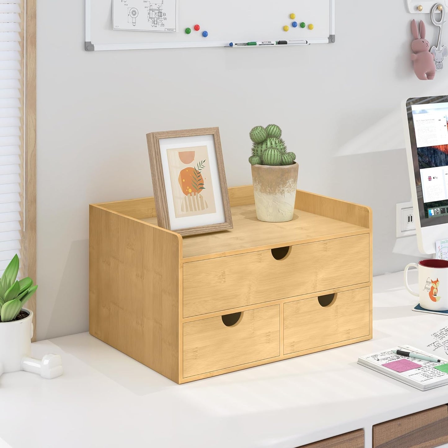 Bamboo Desk Drawer Organizer, Large Desktop Organizer with Drawers Tabletop Storage Organization Box for Office Home Toiletries Supplies Vanity, No Assembly Required (3 Drawer with Shelf)