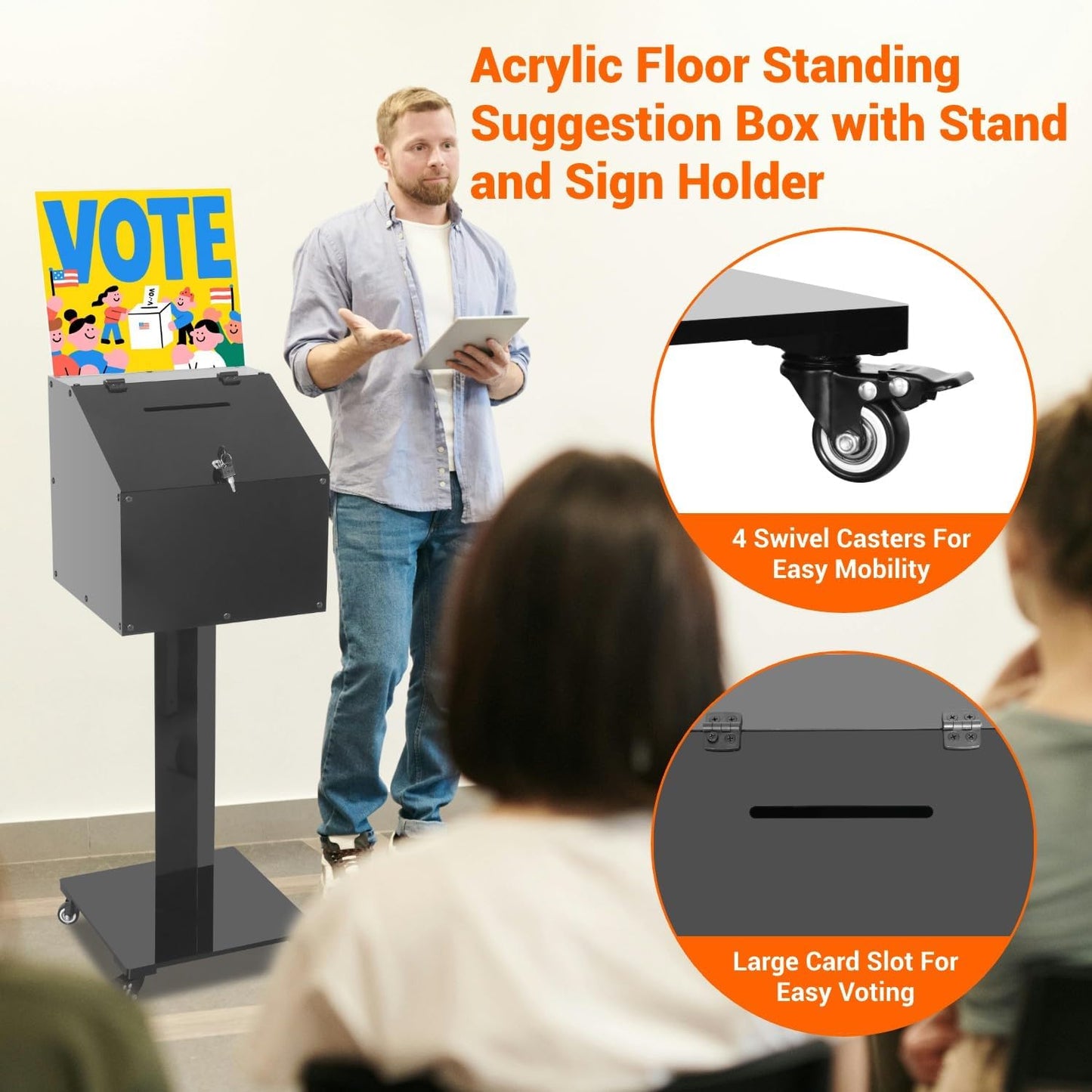 Acrylic Donation Box with Stand, Large Suggestion Box for Church, Drawing Raffle with Key and Lock, Secure Collection Box for Fundraising, Offering, Ballots, Feedback, Black