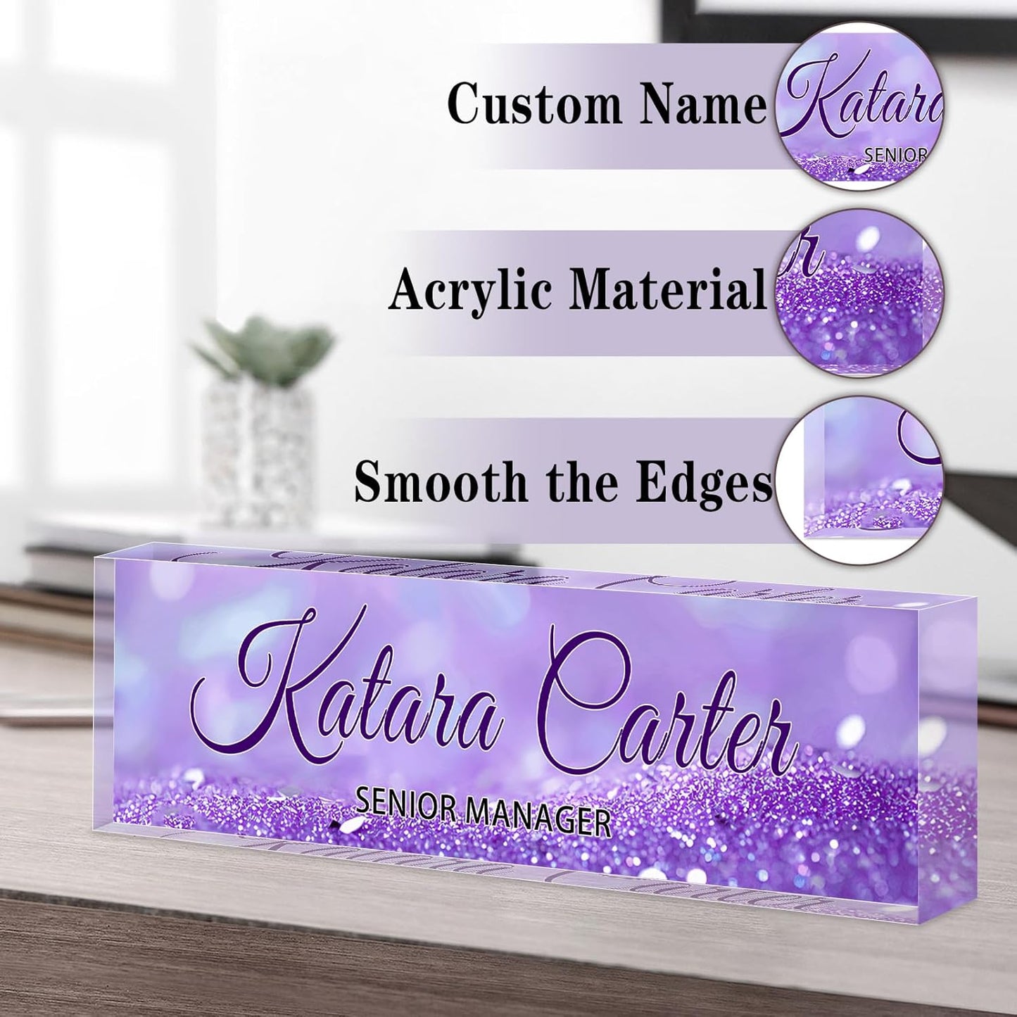 Name Plate for Desk Personalized, Acrylic Desk Decorations, Employee Appreciation Gifts, Custom Office Gifts for Coworkers, Boss, Teacher, Nurse (Purple Quicksand)