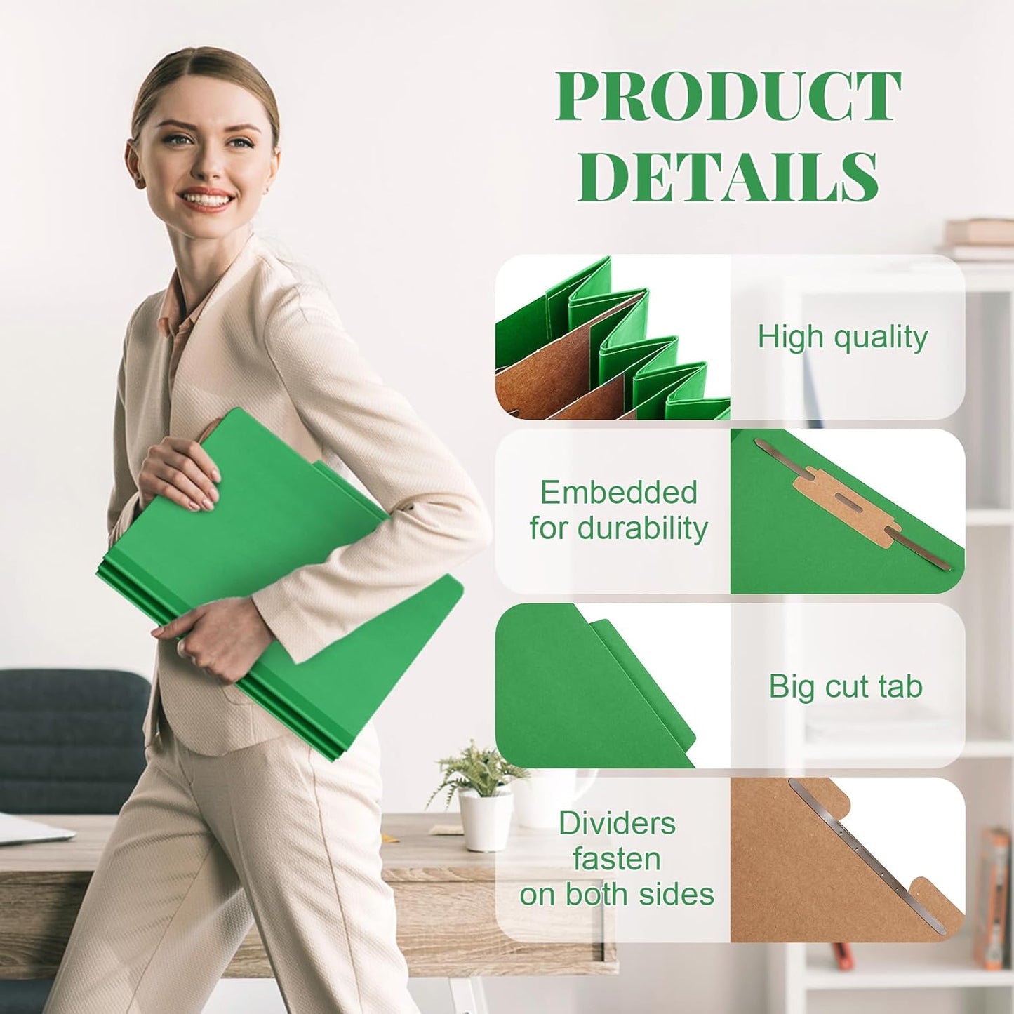 36 Pcs Classification Folders Letter Size, 3 Divider Pressboard File Folder with Fasteners, Expanding File Organizer Bulk for Teachers, Clergy, Office, Church, Christmas Donations (Green)