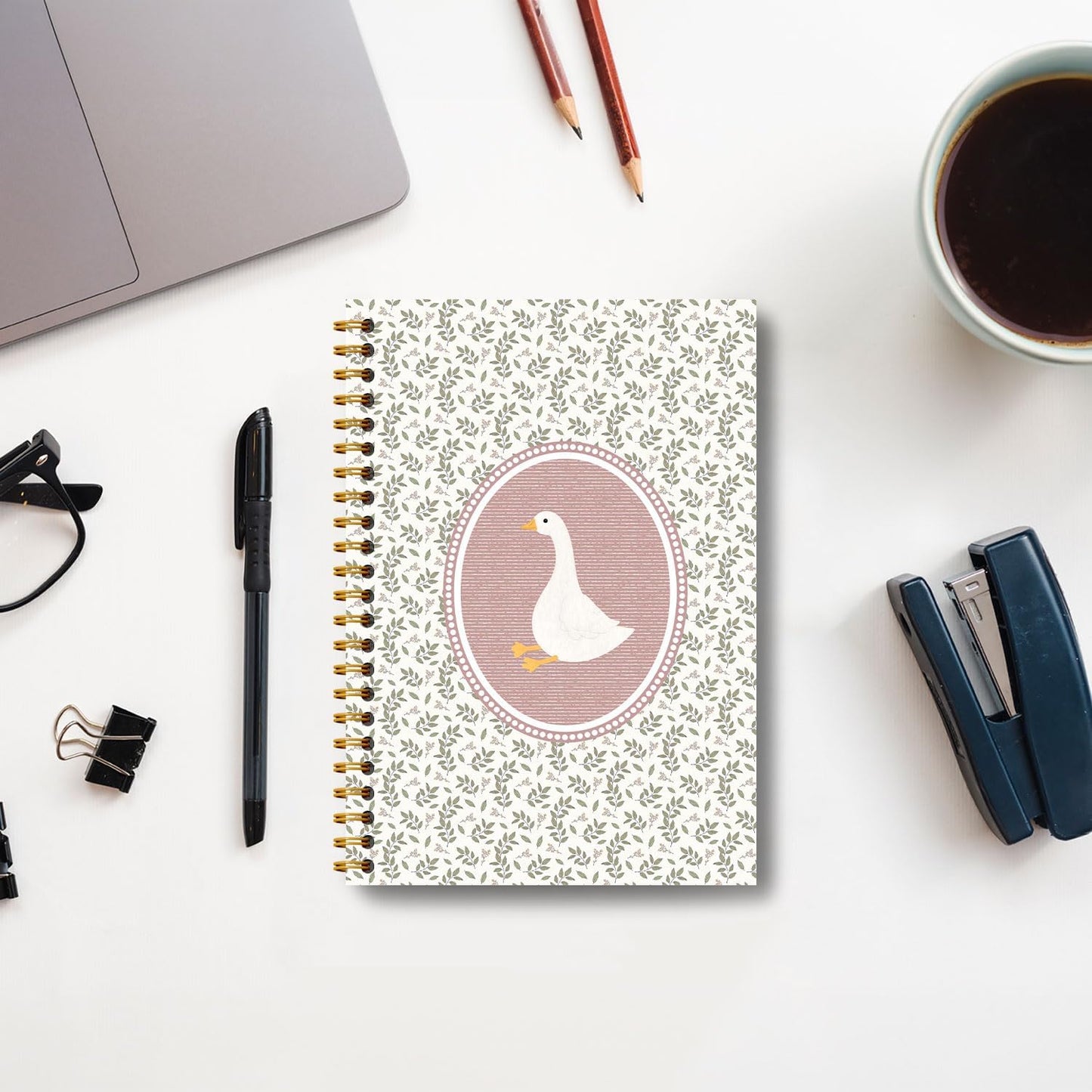 Pink Vintage Goose Notebook, Cottagecore Botanical Goose Journal, Aesthetic Farm Animal Journal, Animal Lover Gifts Hardcover Spiral Notebooks 5.5x8.3 Inch