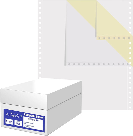 Alliance Continuous Carbonless Computer Paper 9.5 x 11, Blank Left and Right Perforated, 15 lb, 2-Part White/Canary (1,700 Sheets) - Made In The USA