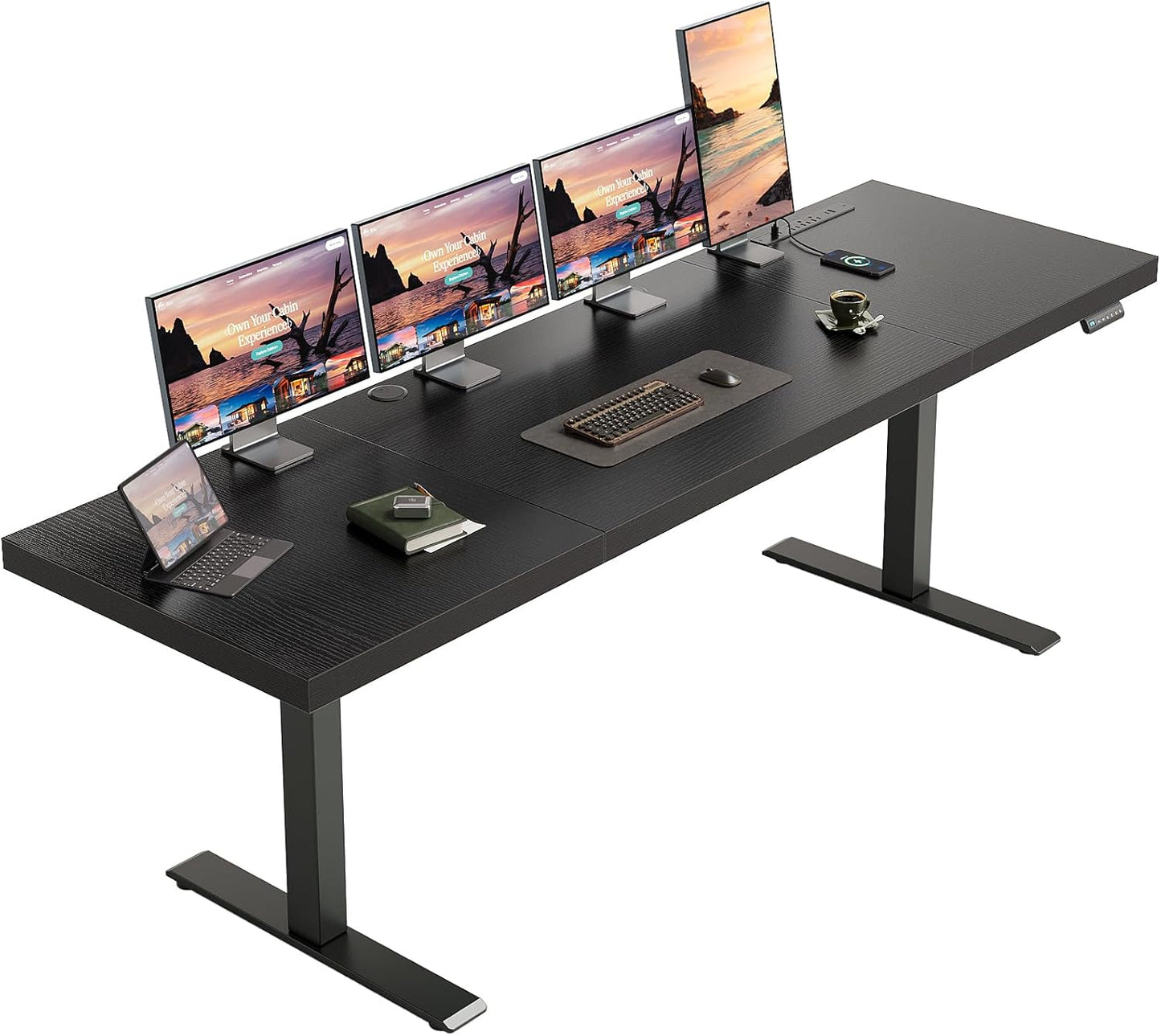 OffiGo Electric Standing Desk with 3-Piece Board, 79 Inch Height Adjustable Large Desk with Power Outlets, Sit Stand Table, Writing Computer Desk for Home, Office, Workstation, Black