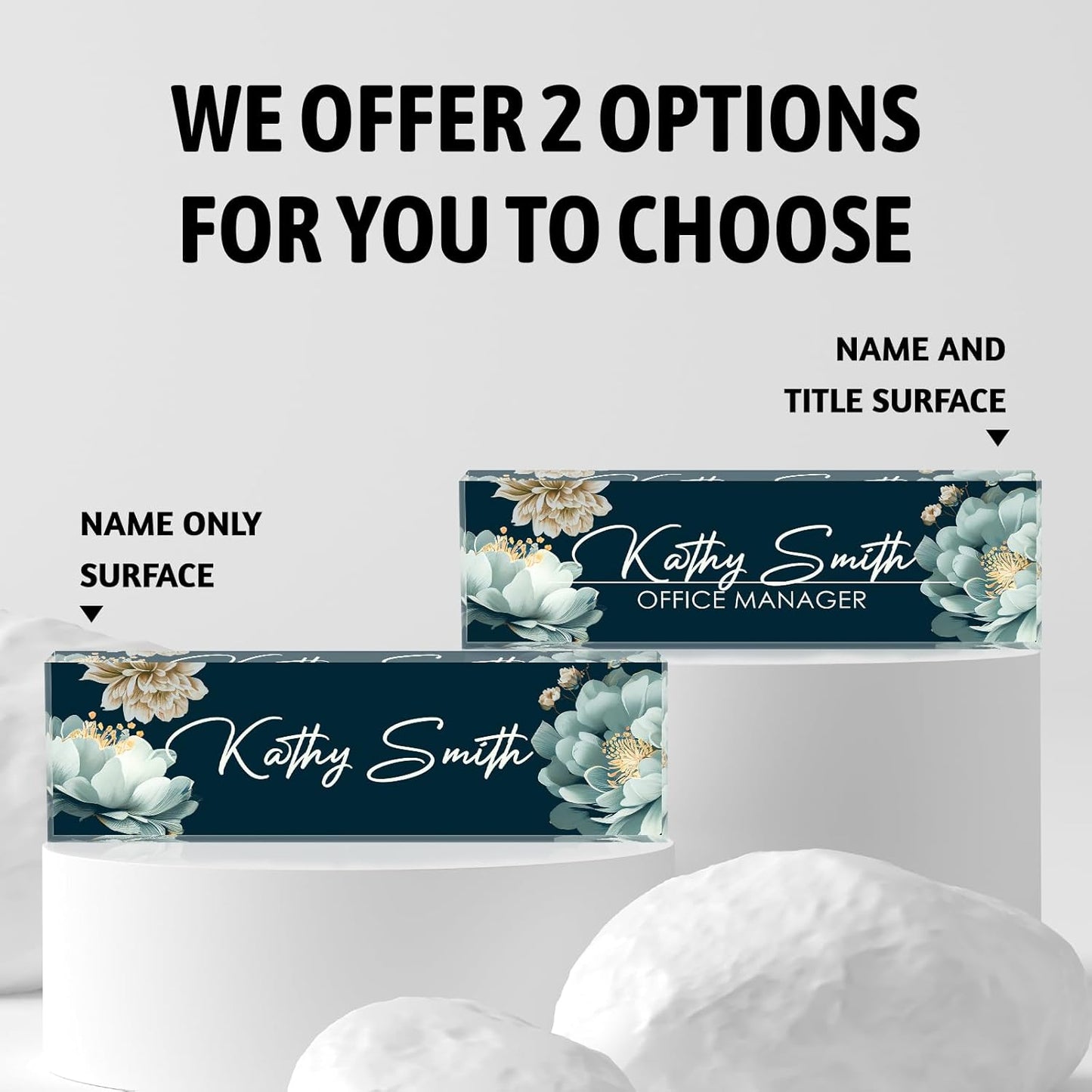 Personalized Name Plate for Desk, Custom Desk Name Plate, Acrylic Name Plate Office Desk Accessories, Personalized Office Gifts for Coworkers Teachers, Employee Appreciation Gifts (B-White Flower)