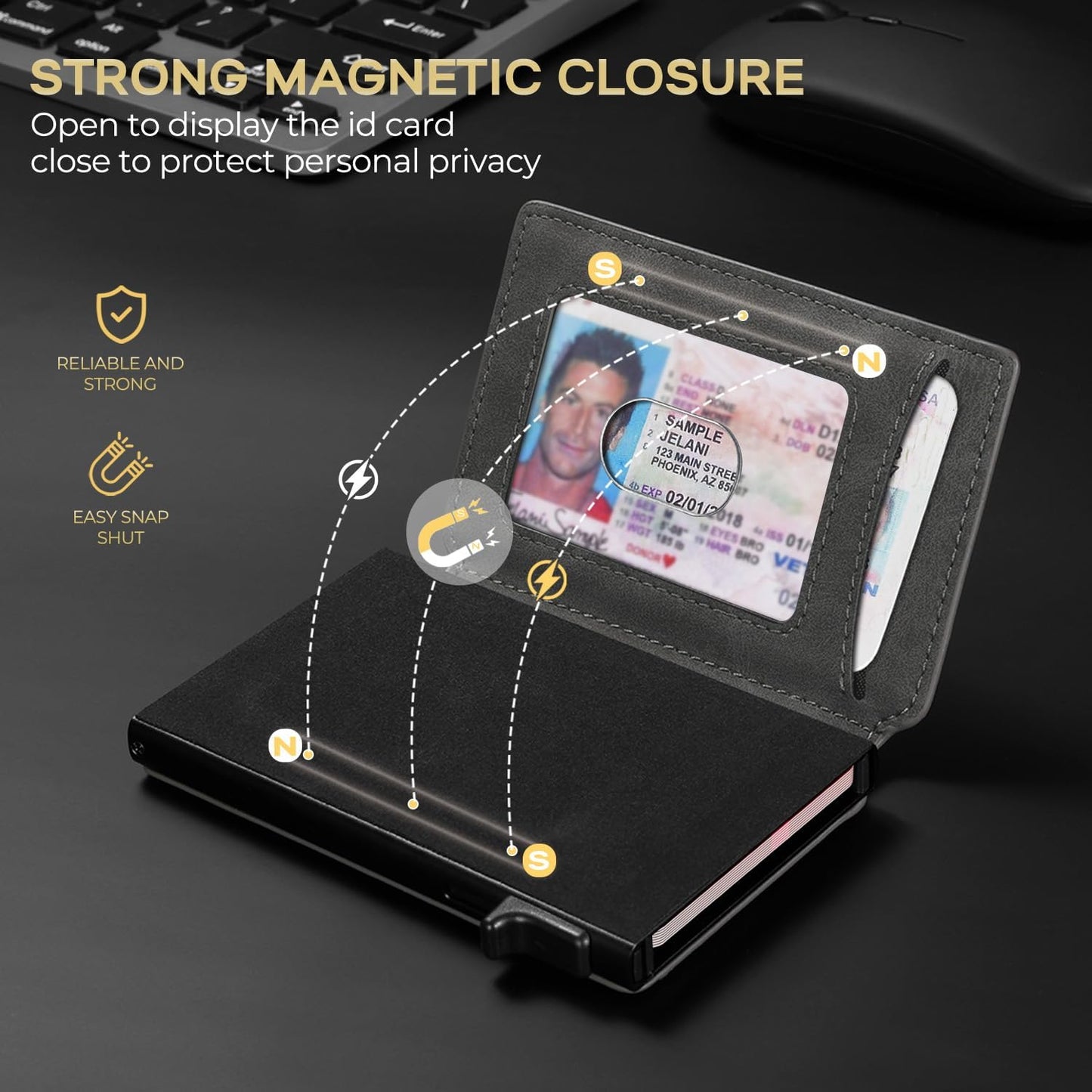 Slim Card Wallet for Men with ID Window – Minimalist RFID Wallet, Pop-Up Function, Ultra Thin Design, Metal Business Card Case Holds 8+ Cards, Gifts for Men, Men's Accessories