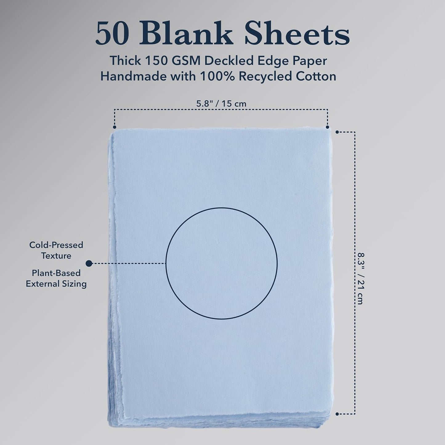 Wanderings A5 Handmade Deckled Edge Cotton Paper - Cold Pressed Texture - Paint, Watercolor, Writing, Printer - Cards, Invitations, Menus, Arts and Crafts. 50 Pack Blue150gsm - 5.8" x 8.3"