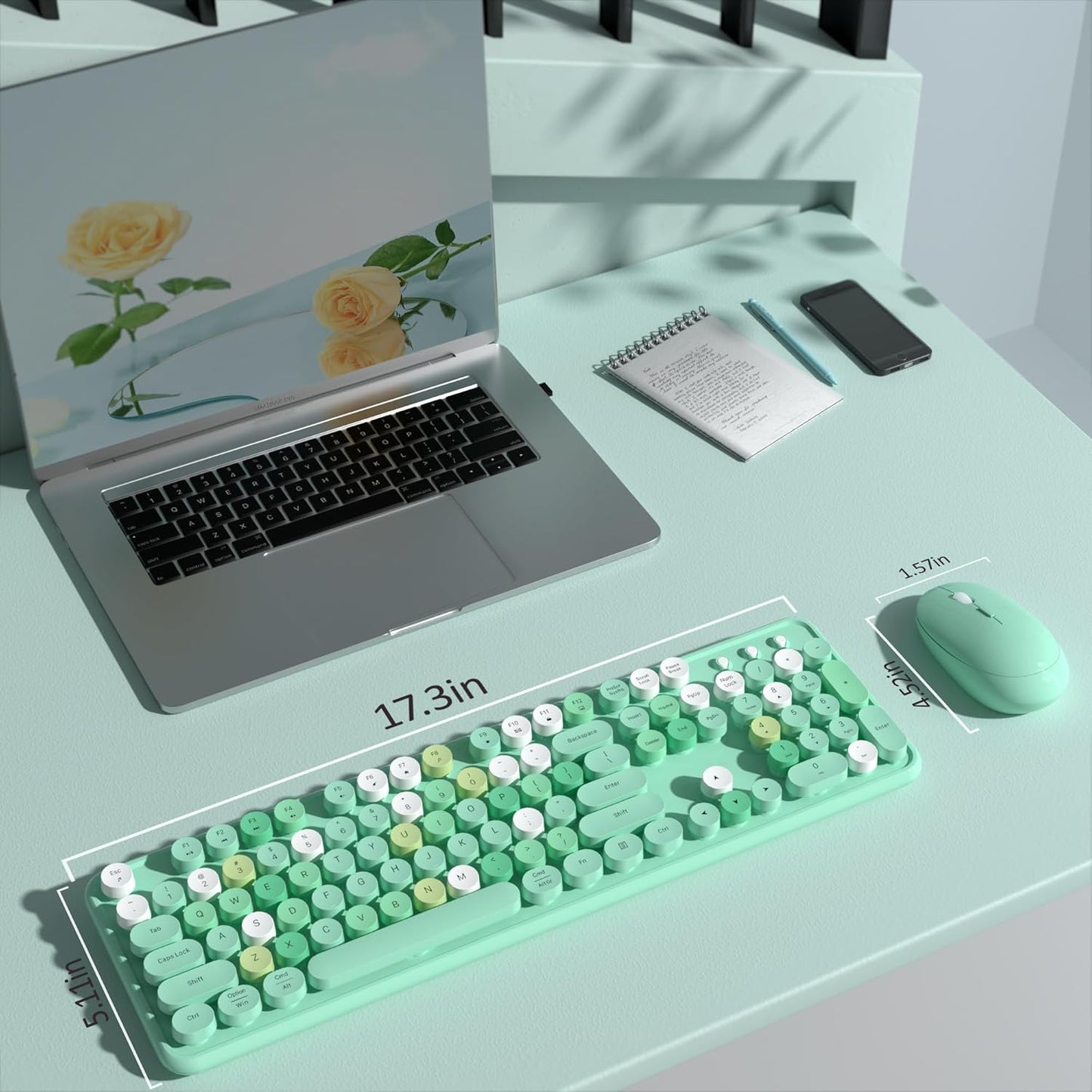 Colorful Wireless Keyboard and Mouse Combo, COVEVA 2.4GHz Wireless Retro Cute Round Keycaps Keyboard, 104 Keys Full-Sized Keyboard Mouse Set with Switch Button for PC Laptop Desktop (Green Colorful)