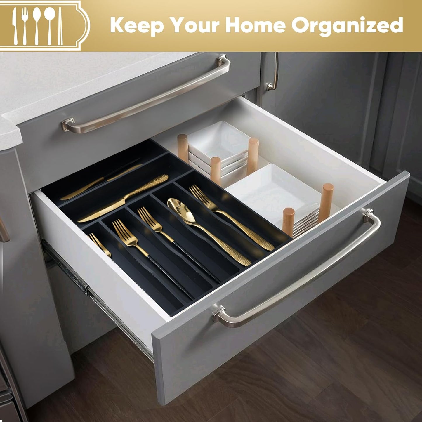 Silverware Organizer, 12.5 Inch Utensil Organizer Kitchen Drawer Organizer Bamboo Silverware Holder Cutlery Tray Organizer in Drawer Flatware Organizer Tray(7 slots, Black）