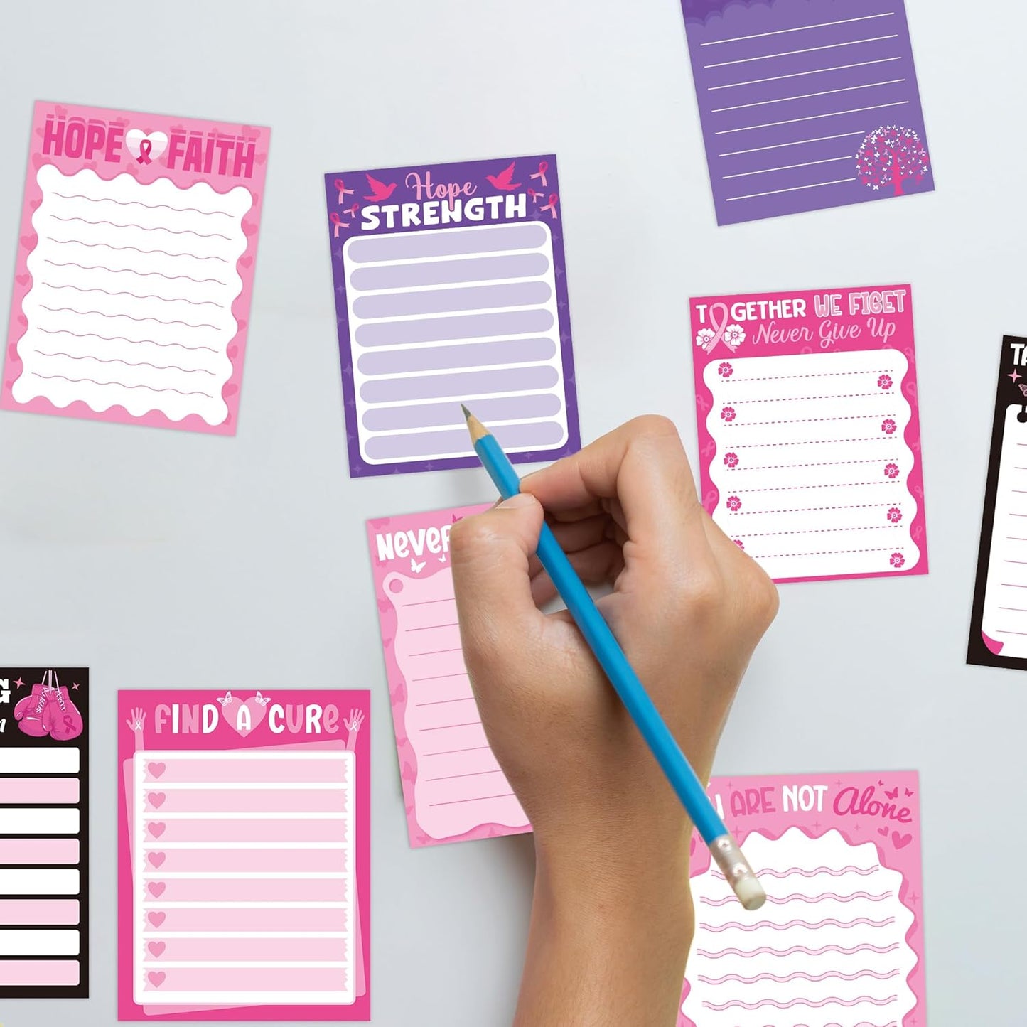 9 Pack Breast Cancer Awareness Sticky Notes Set, 450 Sheets Pink Self-Stick Notepads with Motivational Ribbon Designs, Inspirational Gifts for Women Supporters Fighters