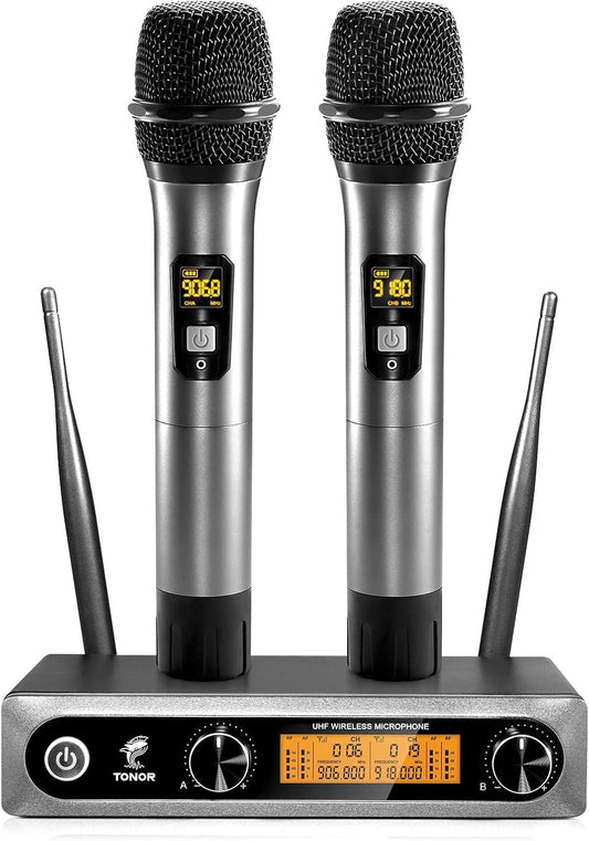 TONOR Wireless Microphones, Metal Dual Professional UHF Cordless Dynamic Mic Handheld Microphone System for Home Karaoke, Meeting, Party, Church, DJ, Wedding, Home KTV Set, 200ft, TW-820 Silver