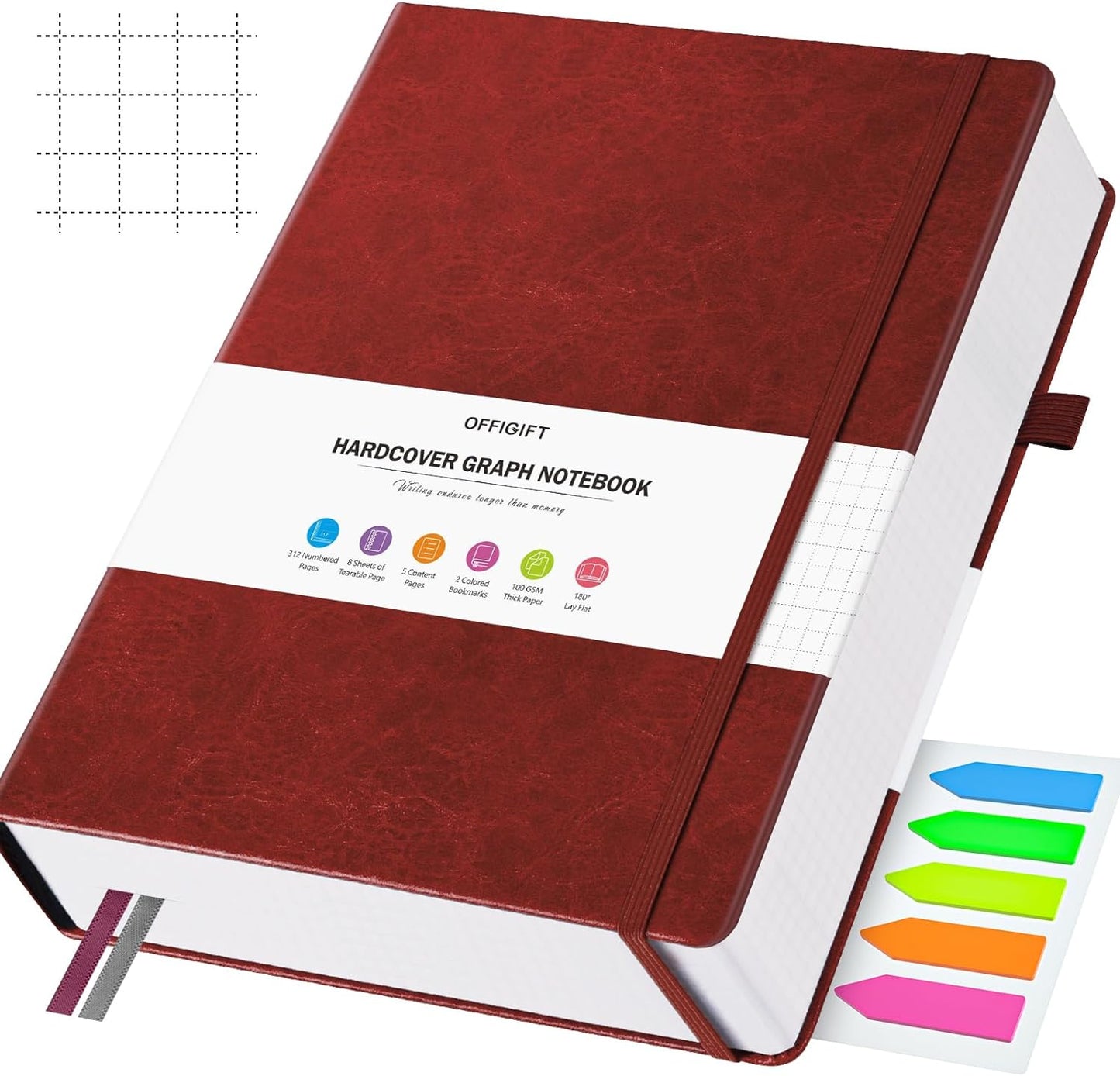 Graph Paper Notebook, 312 Numbered Pages Large A4 Hardcover Leather Journal, 100gsm No Bleed Grid Paper Notebook with Index Pages, Squared Grid Notebook for Graphing Notes Math, 8.5'' × 11'', Burgundy
