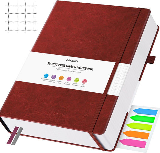 Graph Paper Notebook, 312 Numbered Pages Large A4 Hardcover Leather Journal, 100gsm No Bleed Grid Paper Notebook with Index Pages, Squared Grid Notebook for Graphing Notes Math, 8.5'' × 11'', Burgundy