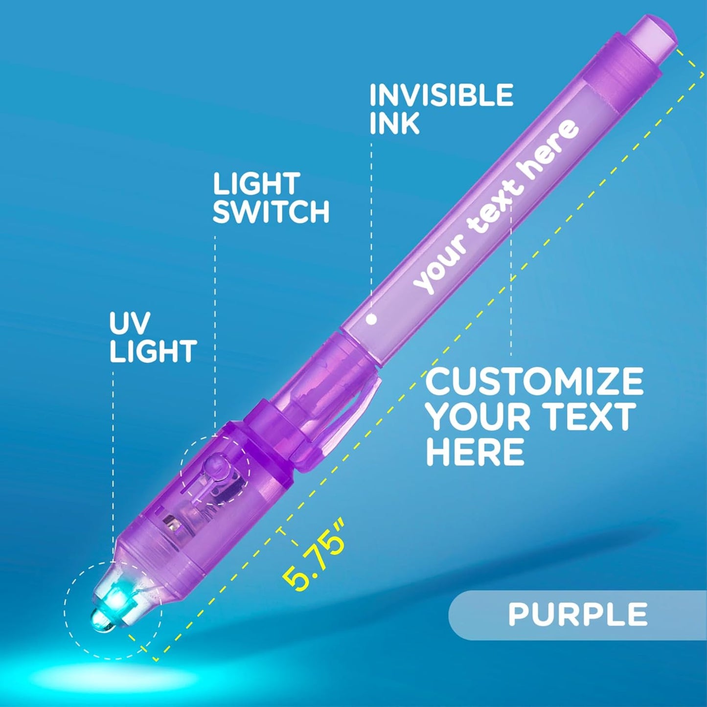 Personalized Invisible Disappearing Ink Pen Marker, Custom Secret Spy Message Writer with UV Light, Fun Activity for Kids Party Favors Gifts and Stock Stuffers, 12 Pack, Purple