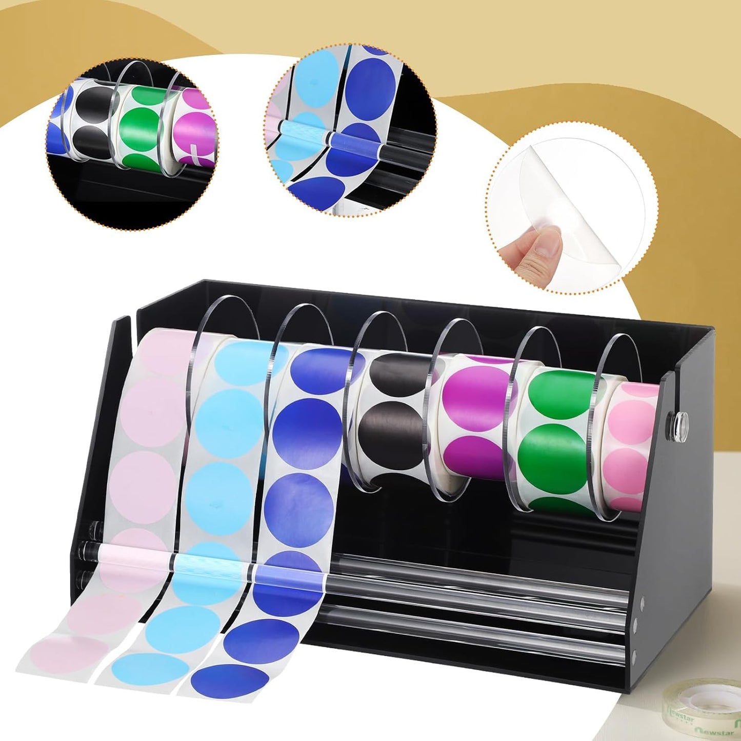 Adjustable Label Dispenser Acrylic Sticker Roll Dispenser Label Roll Holder Multi Use Sticker Holder Organizer Stand for School Gifts and Home Office Desktop(7 Disks)