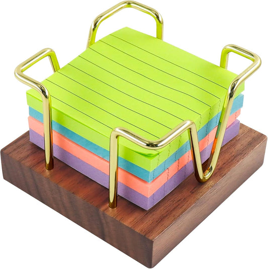 Buqoo Sticky Note Holder, Walnu Wood and Gold Metal Wire Self Stick Note Pad Holder Dispenser for School Home Office Desk Accessories Supplies