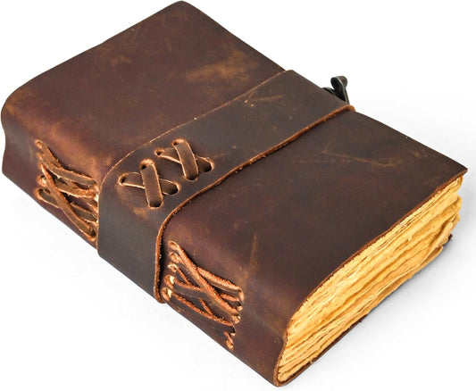 Vintage Brown Leather Notebook Journal with Clasp Lock – 200 Antique Deckle Edge Pages, 6"X4" Handmade Rustic Leather Notebook, Drawing, Sketchbook, and Travel Journal – Gift for Men & Women